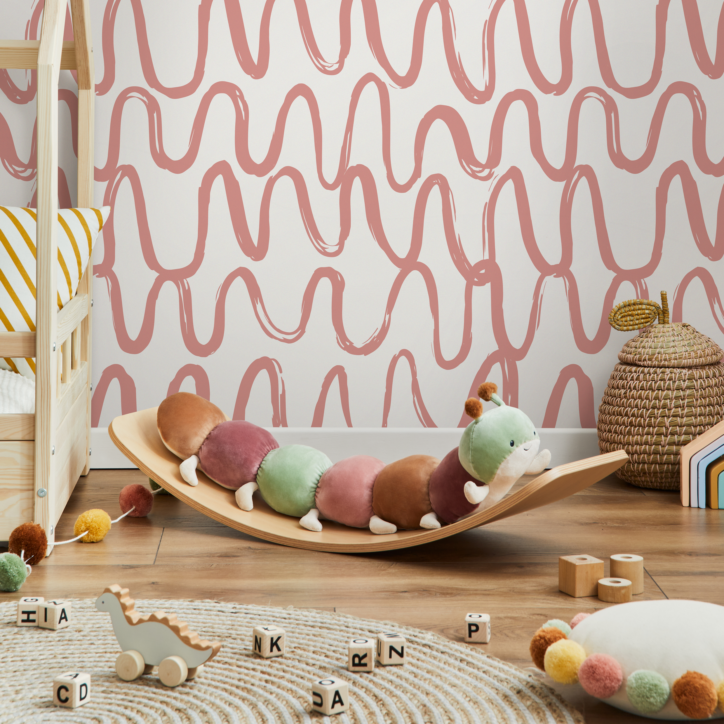 Abstract Wallpaper With Wavy Brushstroke Lines In Pink - D351