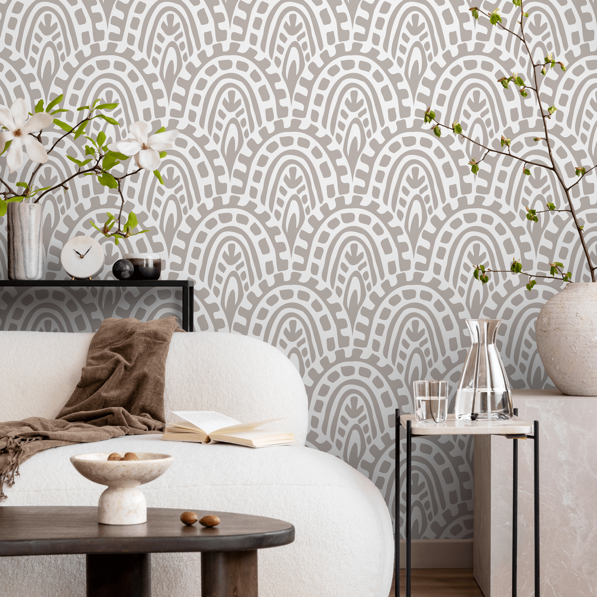 Abstract Wallpaper With A Bohemian Arch Pattern In Taupe And White - D353