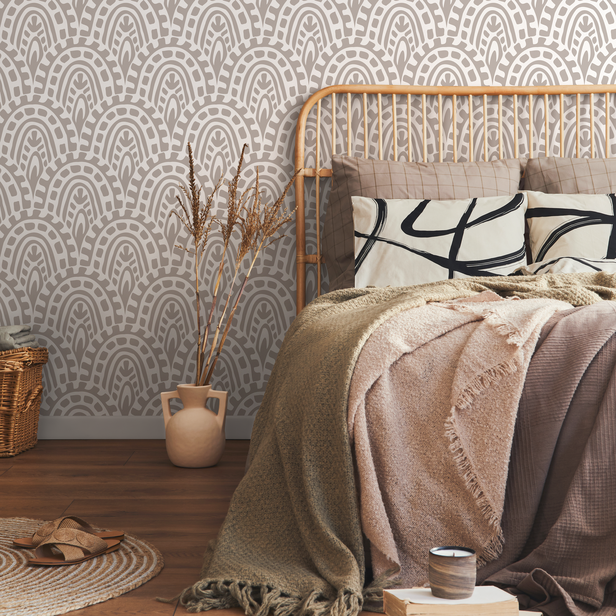 Abstract Wallpaper With A Bohemian Arch Pattern In Taupe And White - D353