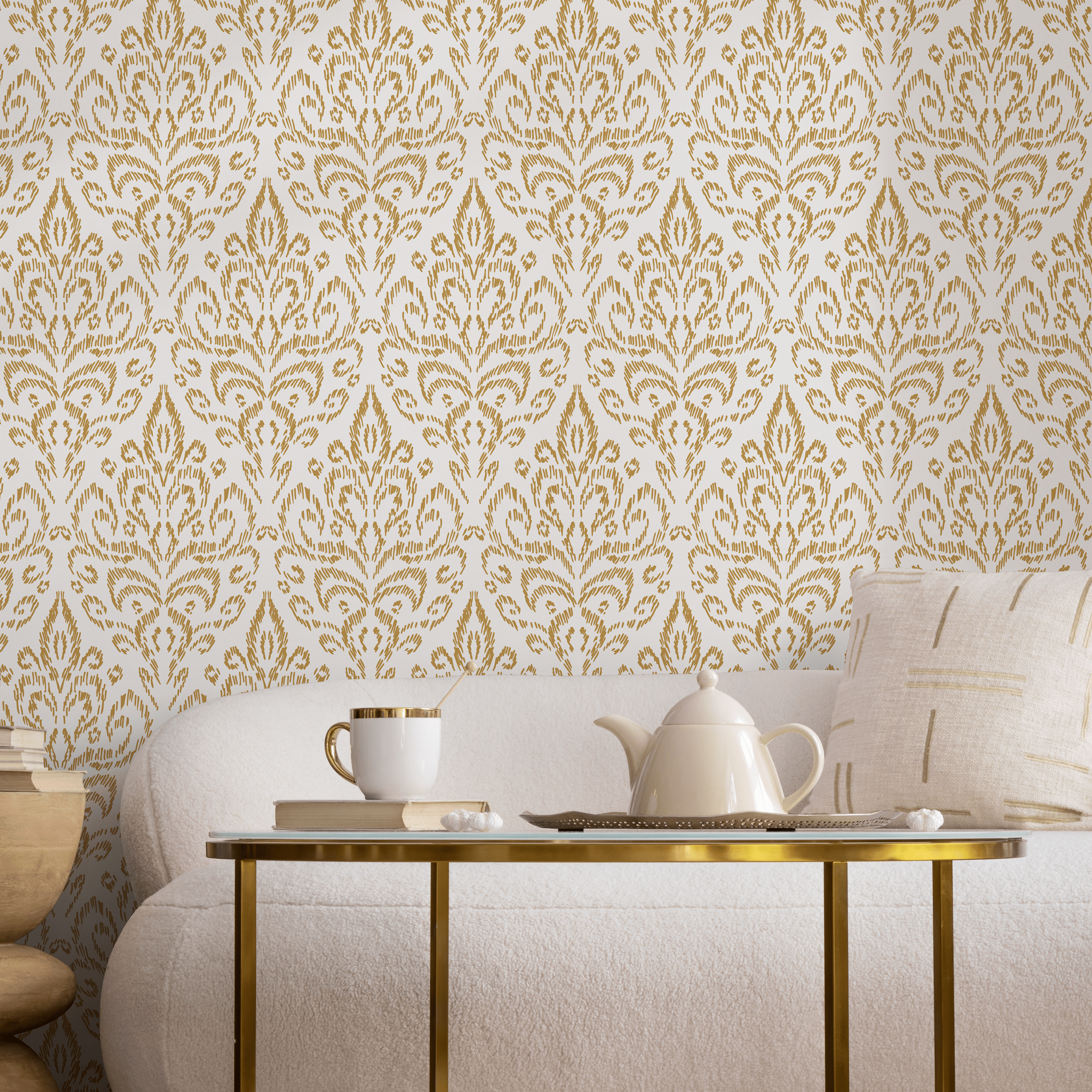 Ikat Wallpaper With A Bohemian Damask Motif In Yellow - D358