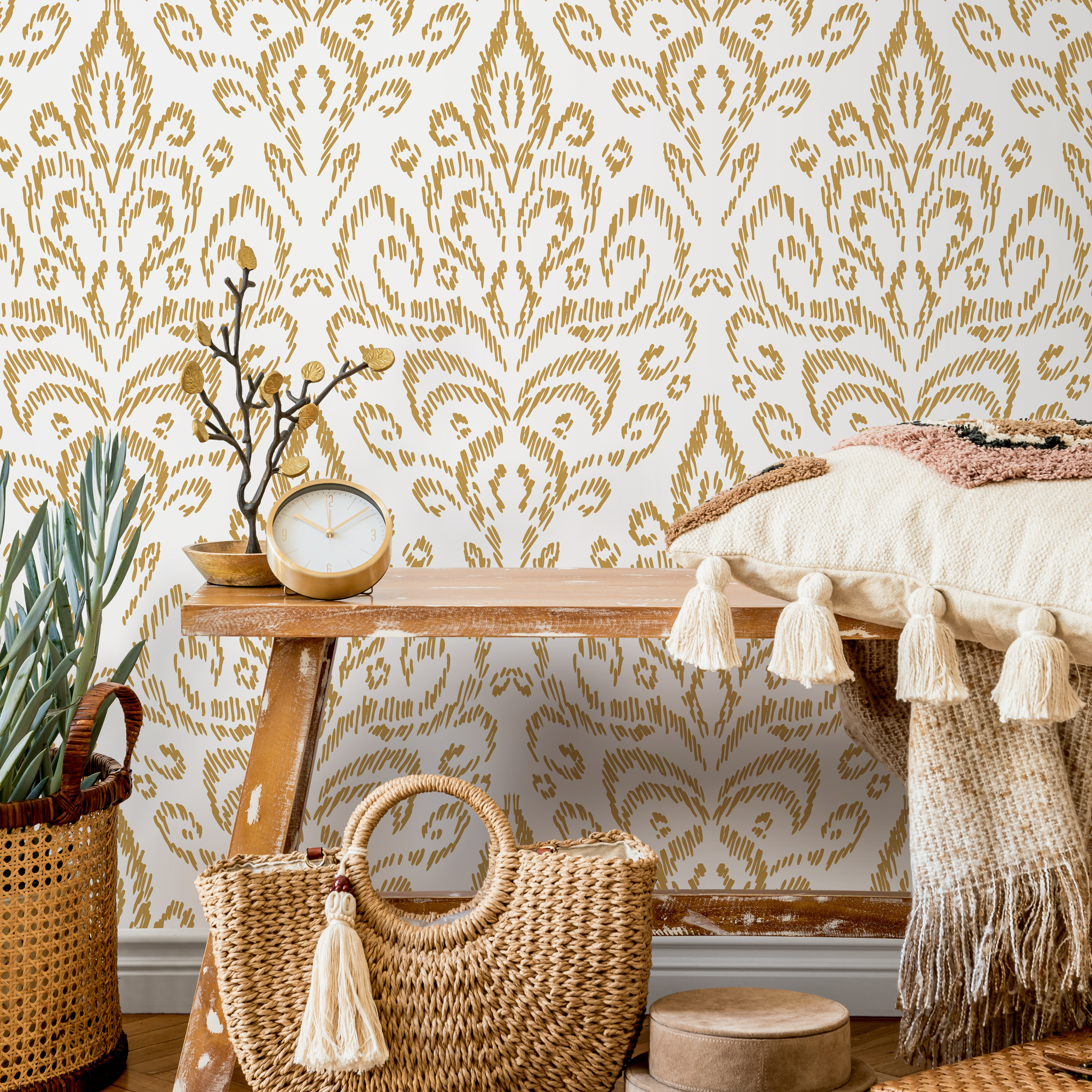 Ikat Wallpaper With A Bohemian Damask Motif In Yellow - D358