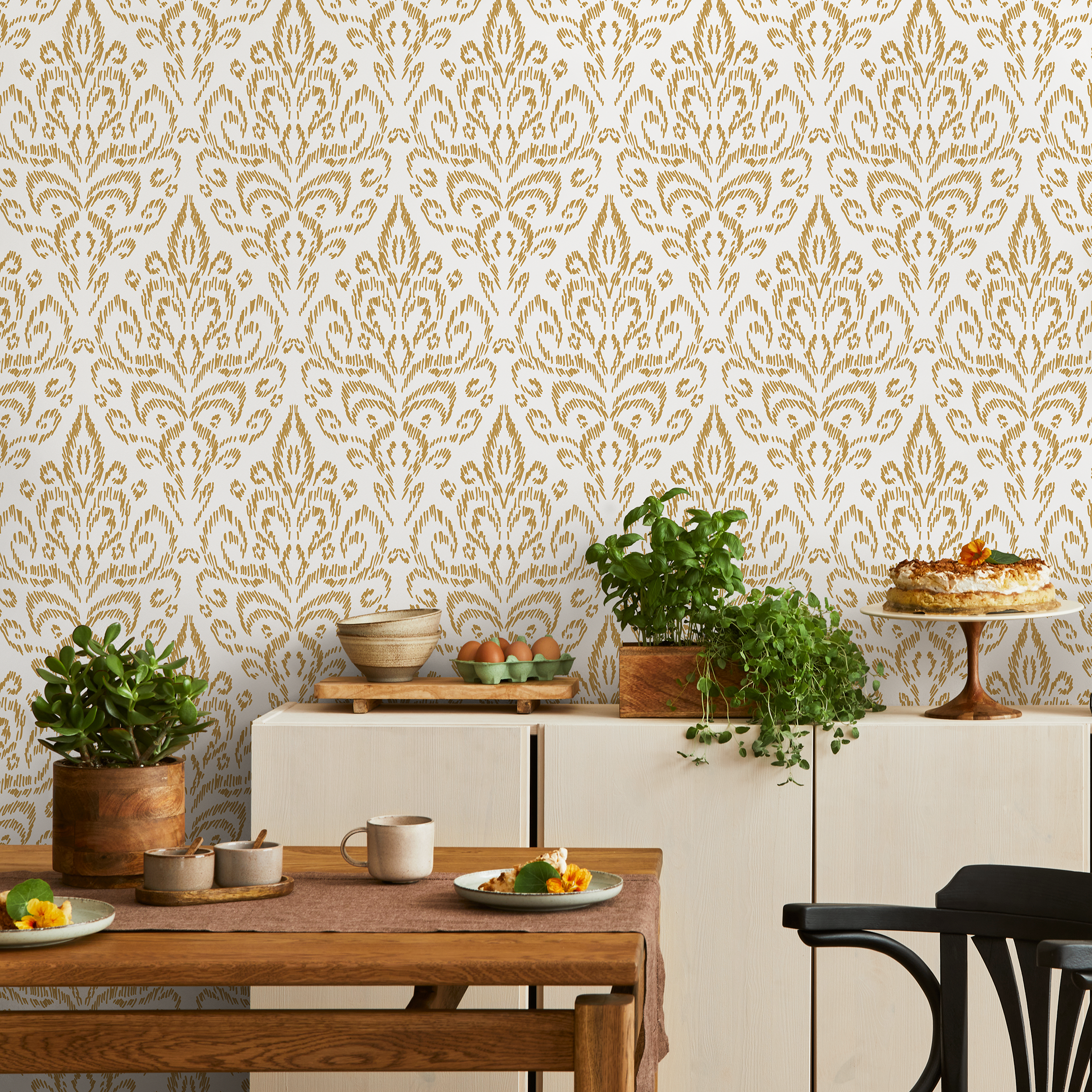 Ikat Wallpaper With A Bohemian Damask Motif In Yellow - D358