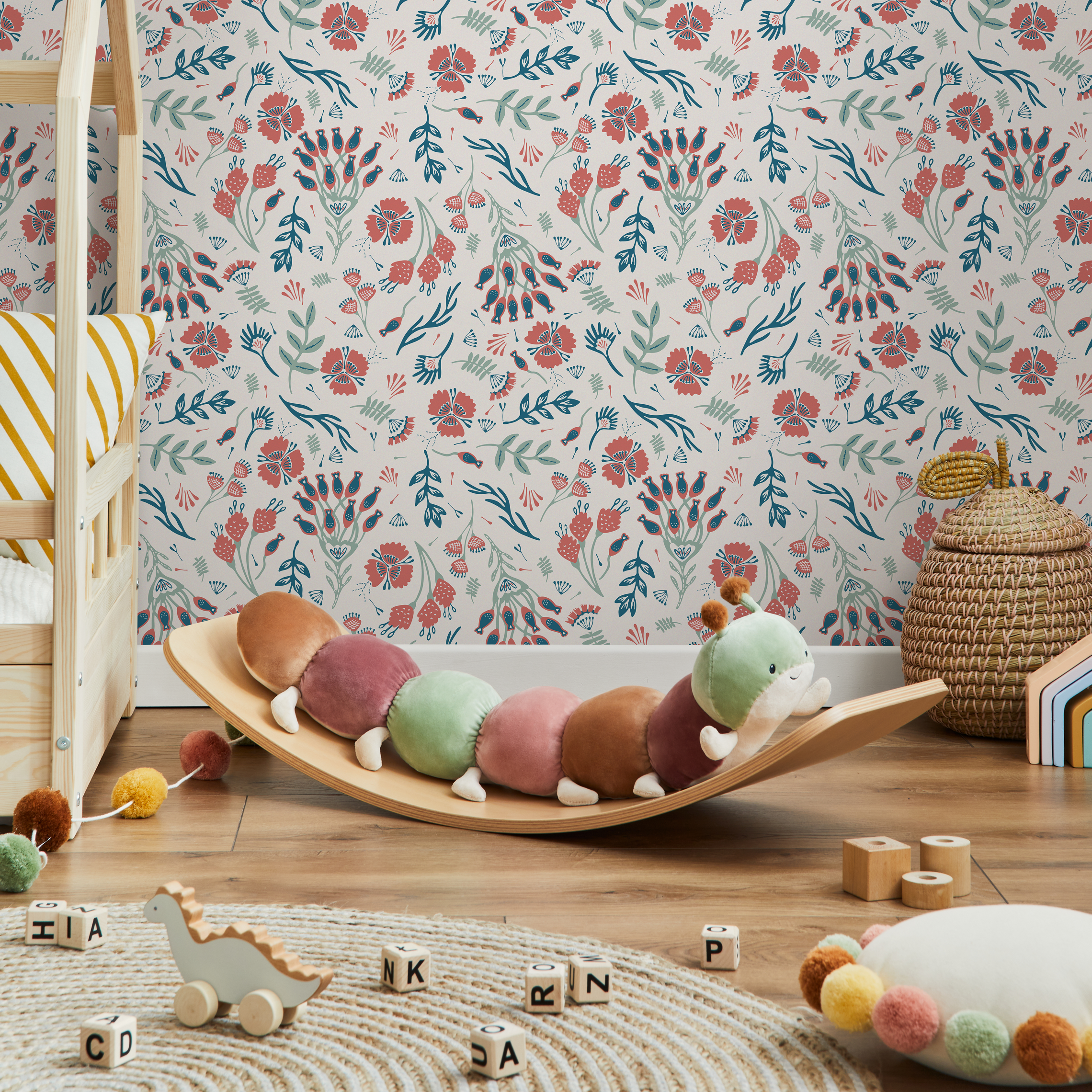 Floral Wallpaper With Folk Art Birds And Blooms In Red, Blue, And Green - D361