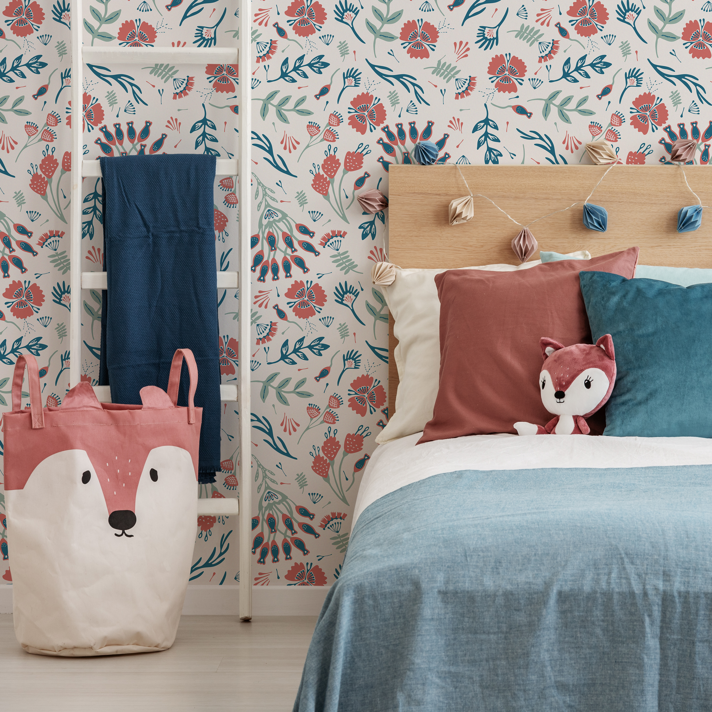 Floral Wallpaper With Folk Art Birds And Blooms In Red, Blue, And Green - D361