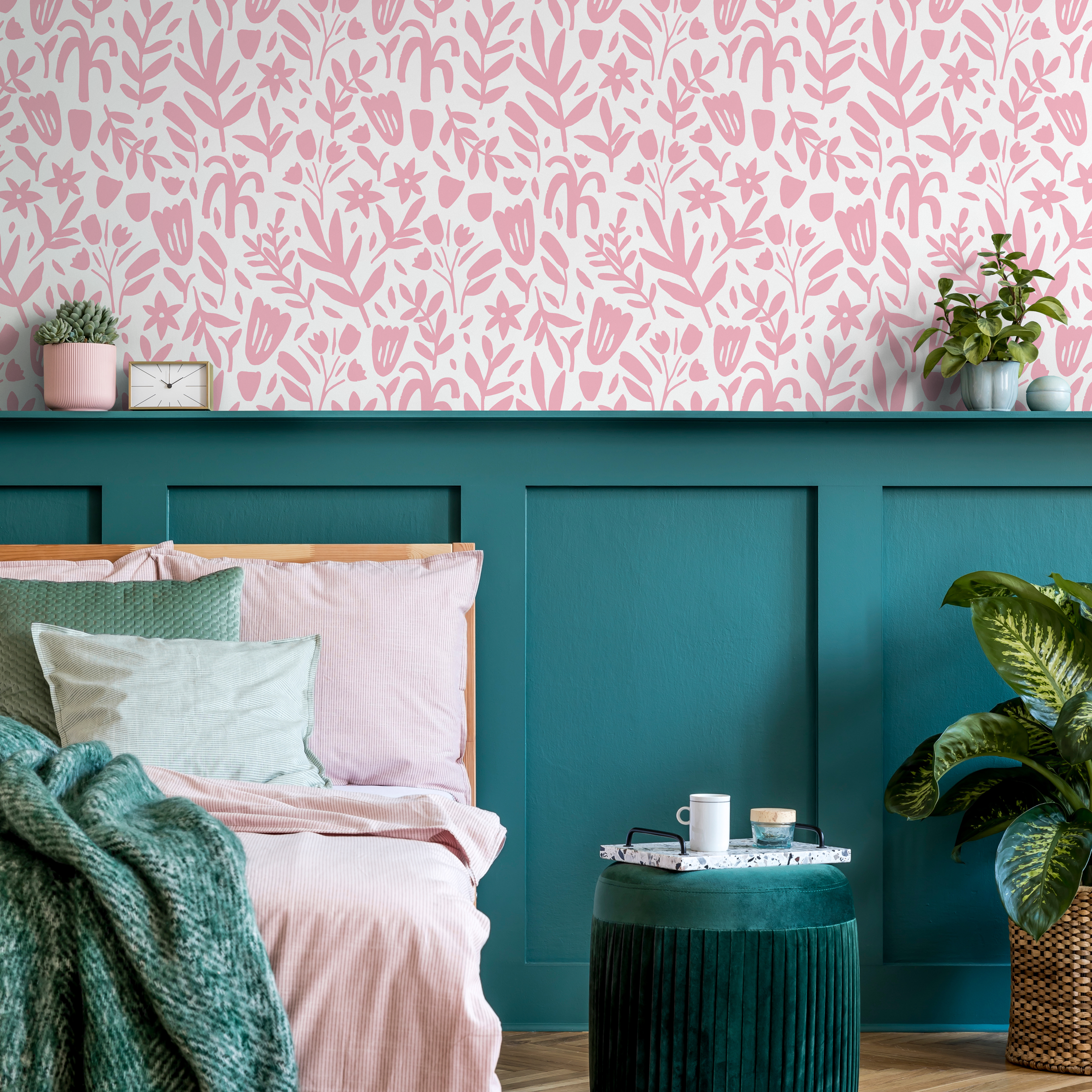 Floral Wallpaper With Abstract Cut-out Blooms In Pink - D368
