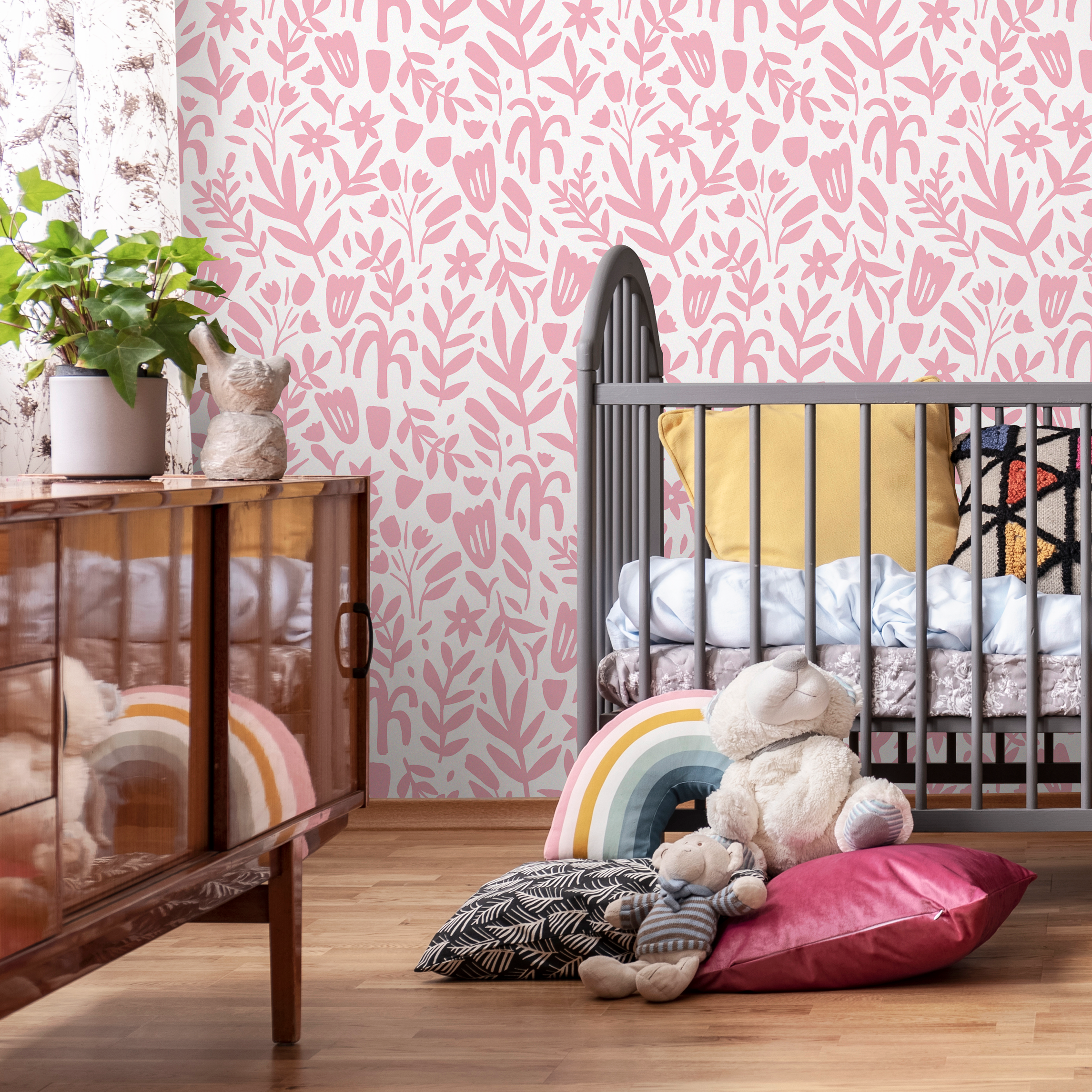 Floral Wallpaper With Abstract Cut-out Blooms In Pink - D368