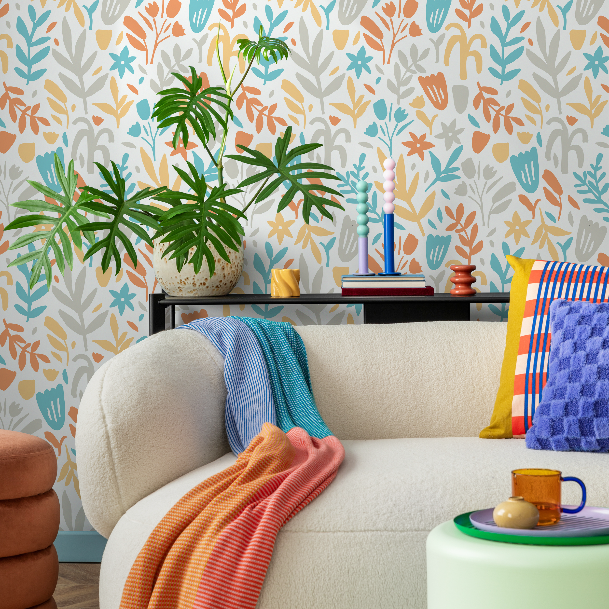 Floral Wallpaper With Stylized Flowers In Teal, Orange, And Yellow - D369