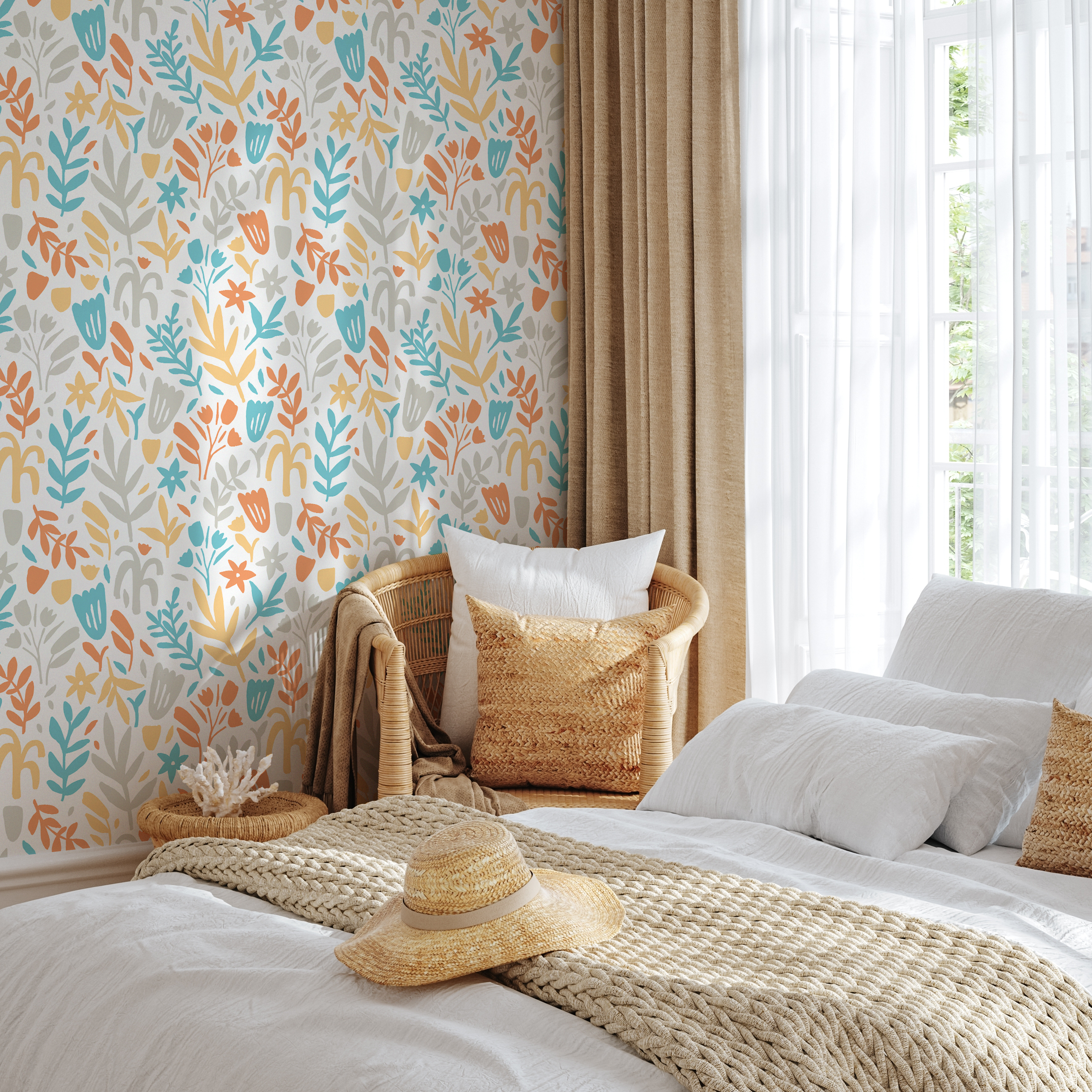 Floral Wallpaper With Stylized Flowers In Teal, Orange, And Yellow - D369