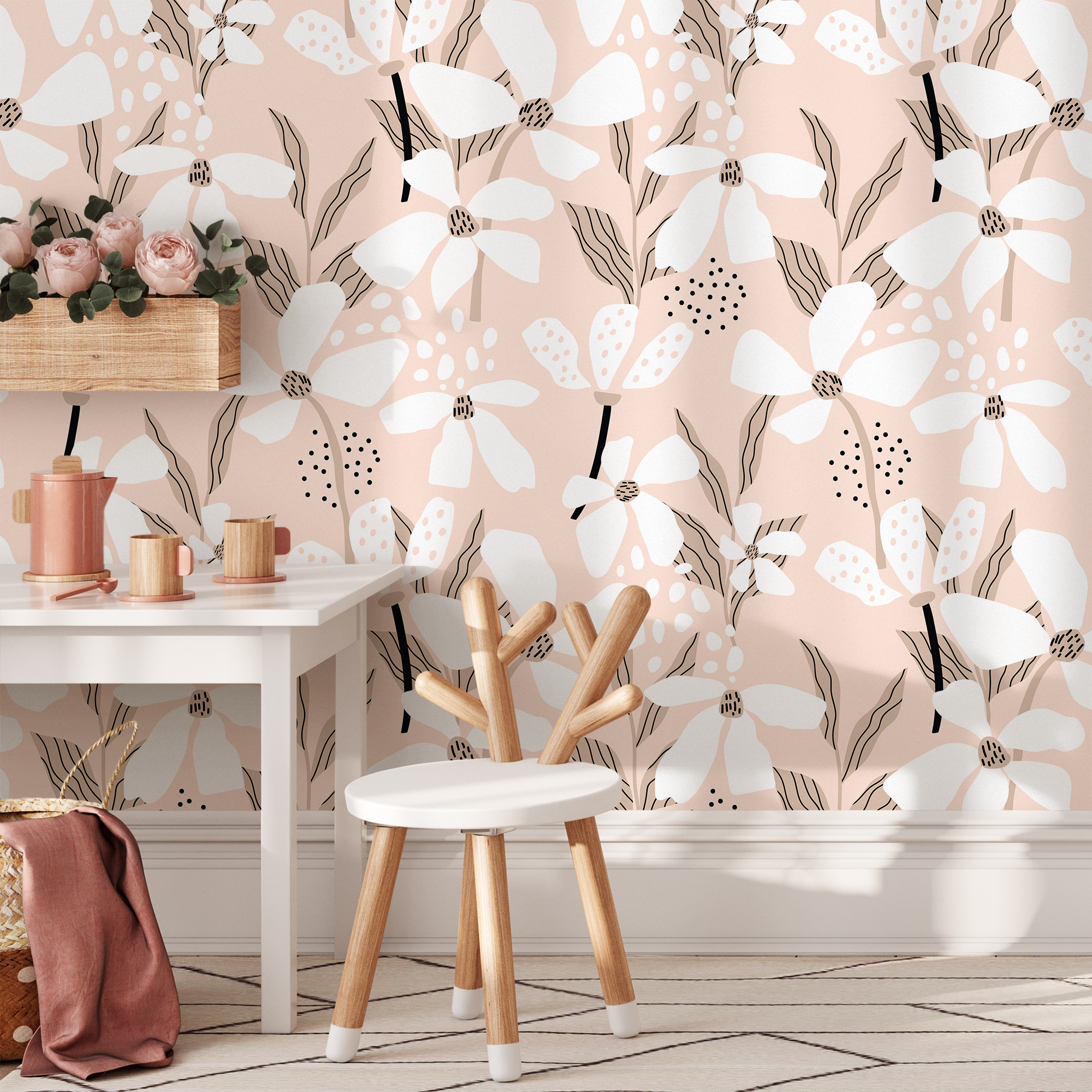 Abstract Floral Wallpaper With Stylized Blooms In Pink And Black - D374