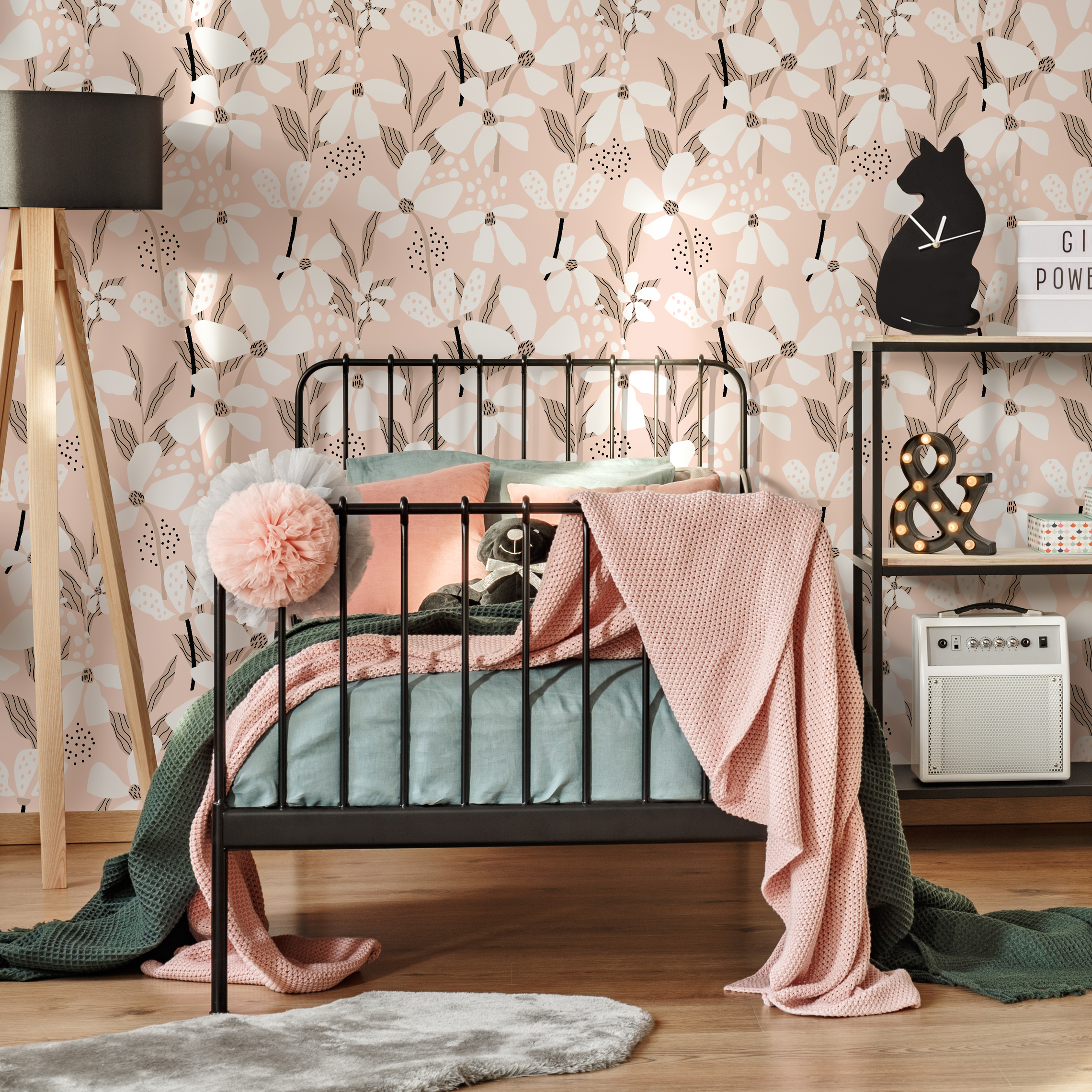 Abstract Floral Wallpaper With Stylized Blooms In Pink And Black - D374