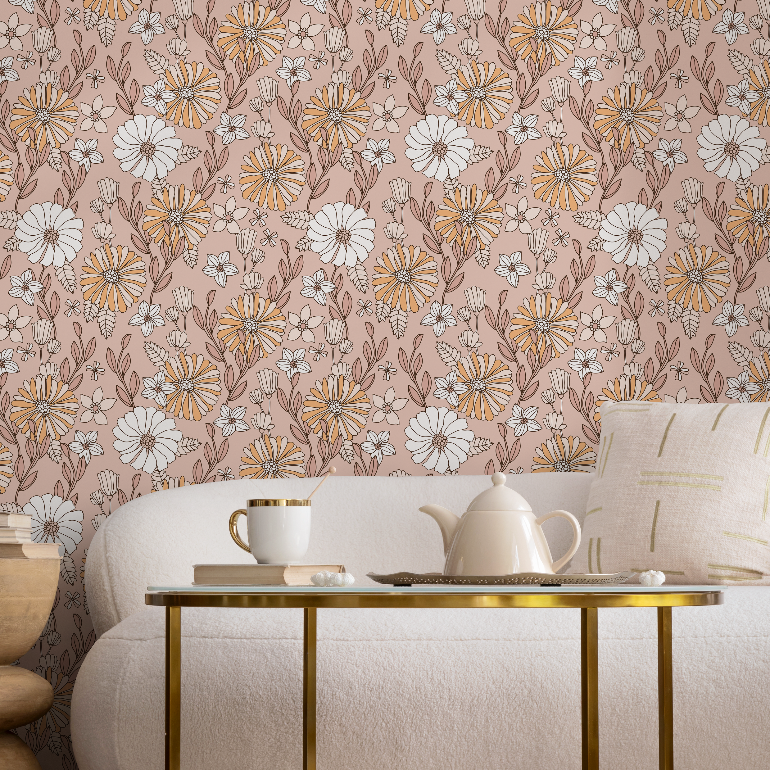 Floral Wallpaper With A Retro Daisy Motif In Pink, Yellow, And White - D377