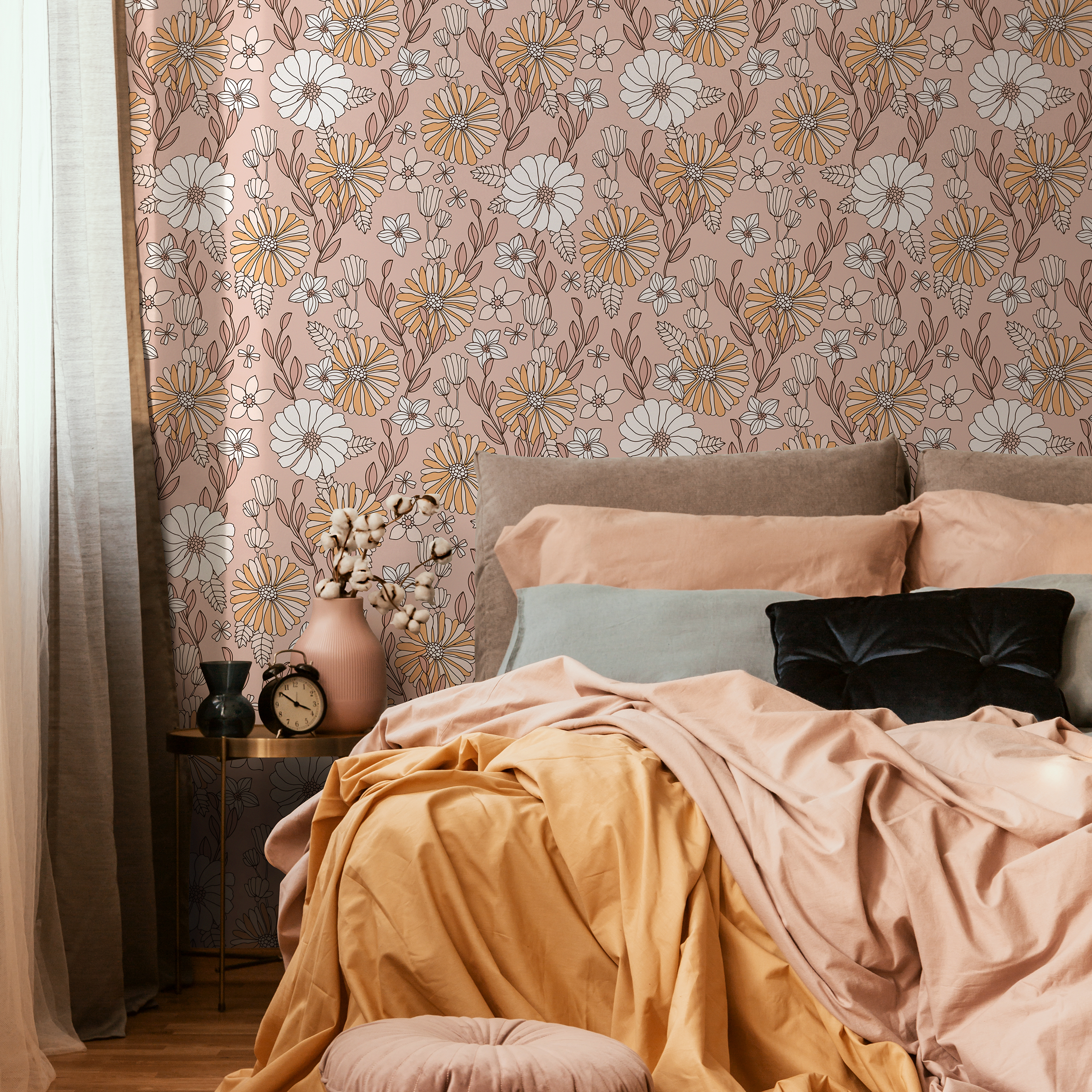 Floral Wallpaper With A Retro Daisy Motif In Pink, Yellow, And White - D377