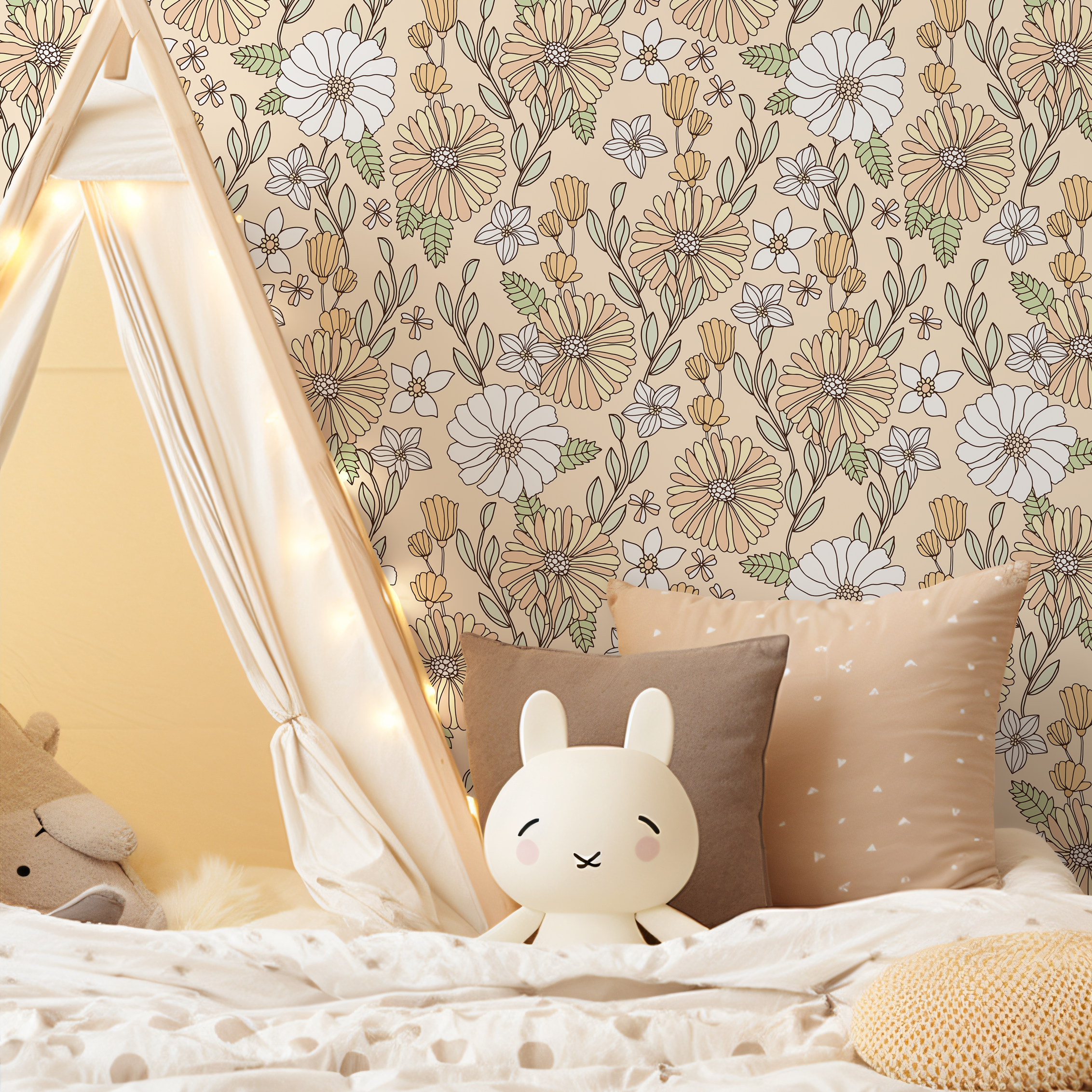 Retro Floral Wallpaper With Stylized Daisies In Yellow, Green, And White - D380