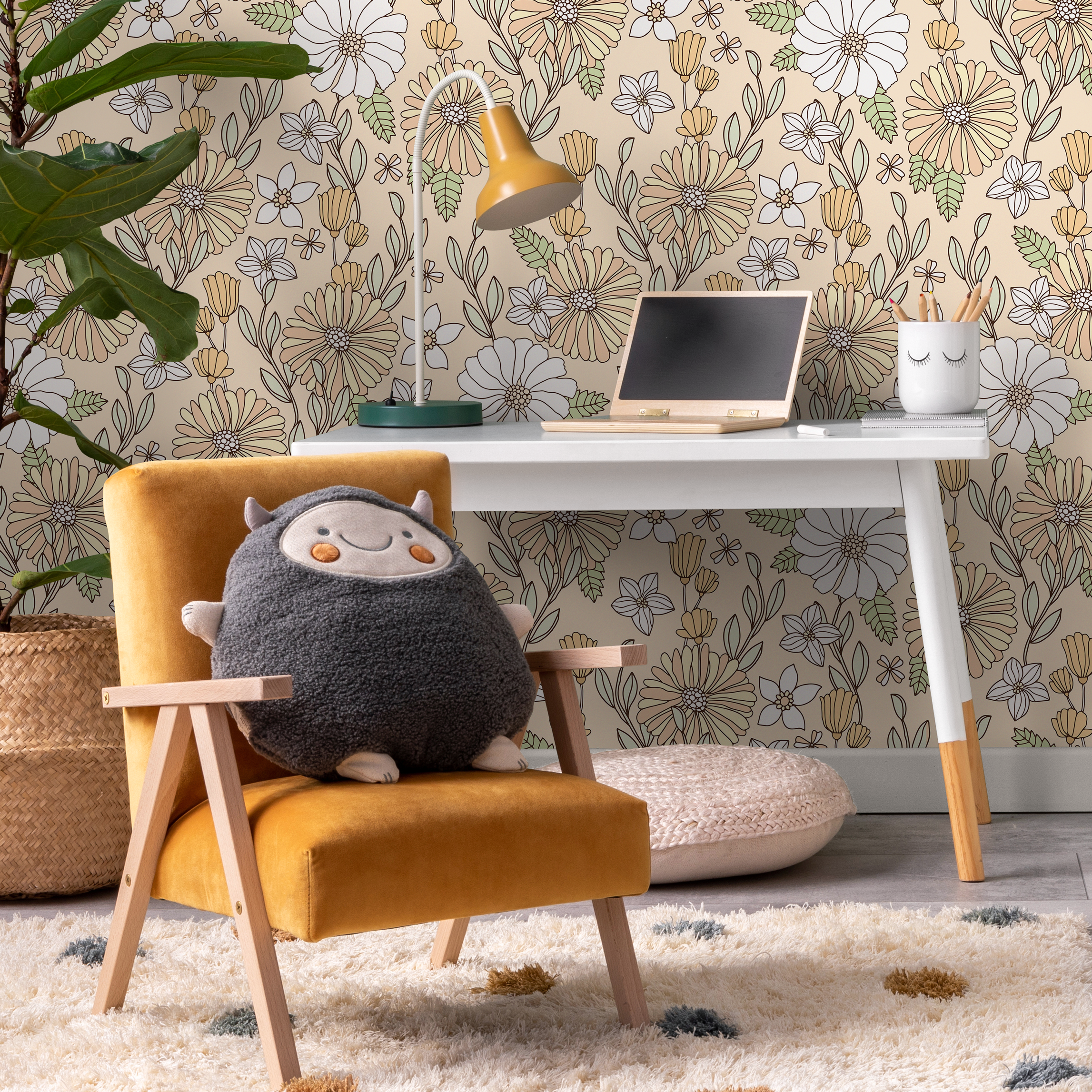 Retro Floral Wallpaper With Stylized Daisies In Yellow, Green, And White - D380