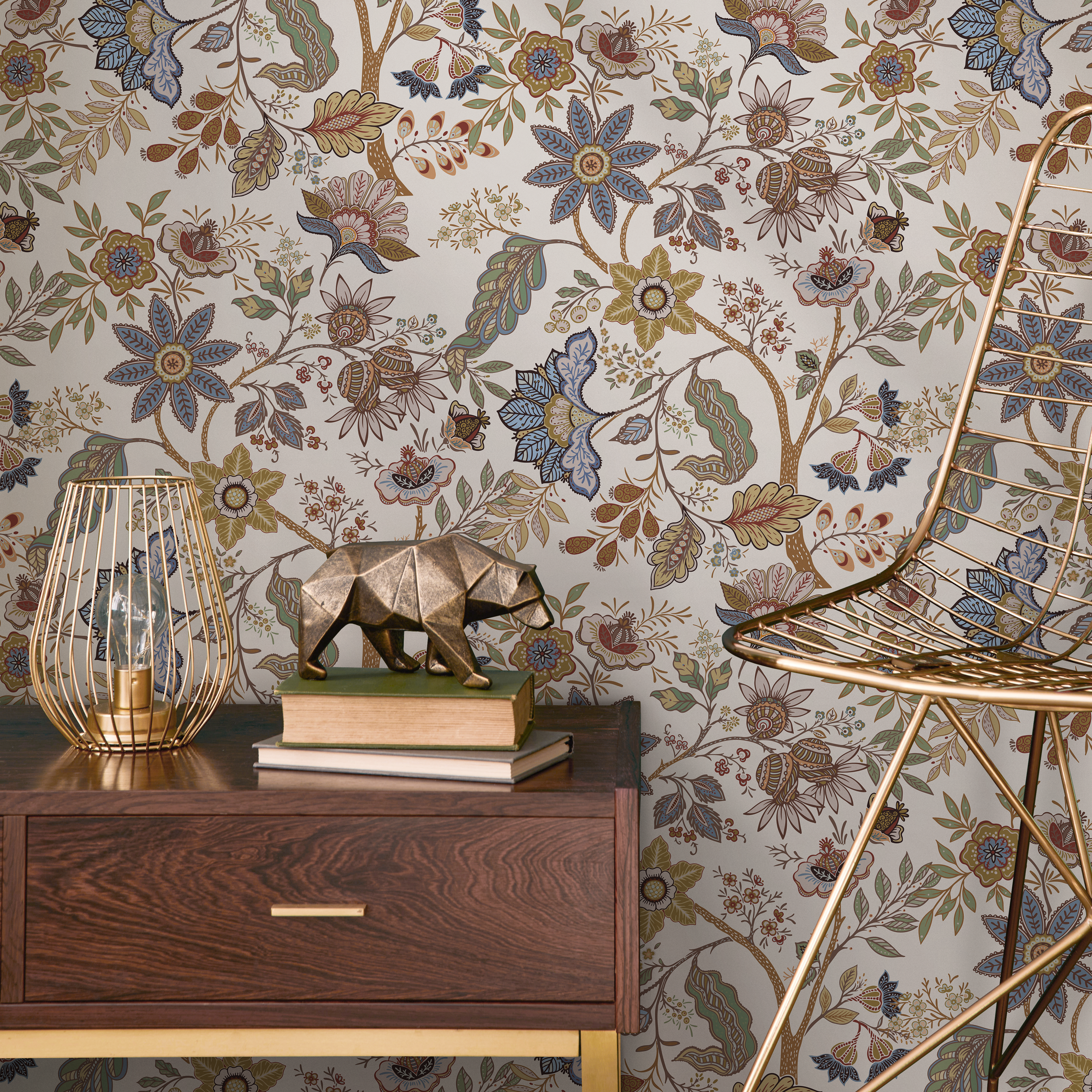 Chintz Wallpaper With A Vintage Floral Vine Motif In Taupe, Blue, And Green - D385