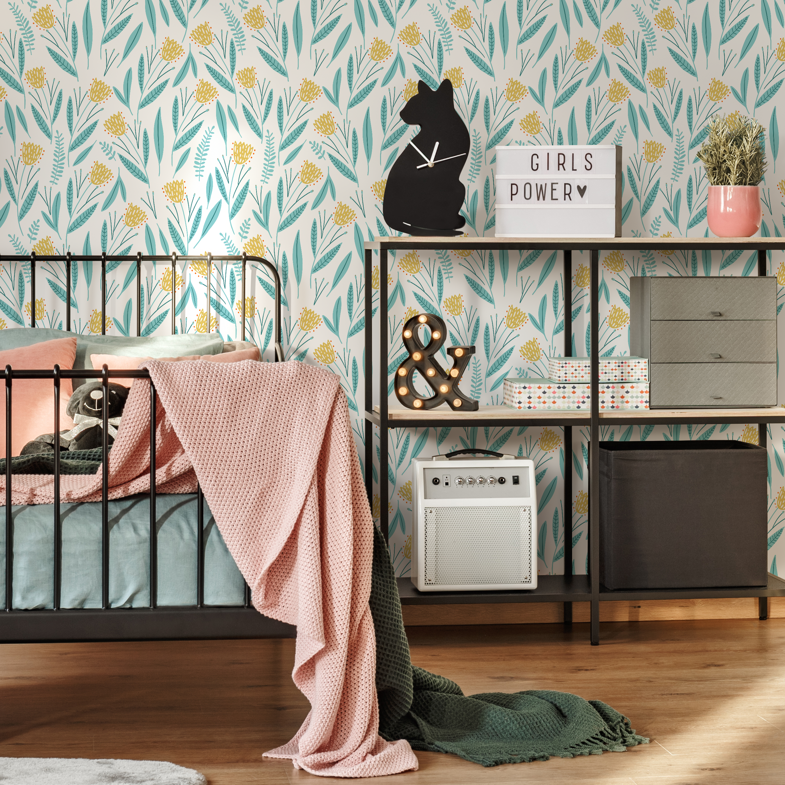 Floral Wallpaper With A Stylized Wildflower Motif In Yellow And Light Blue - D389