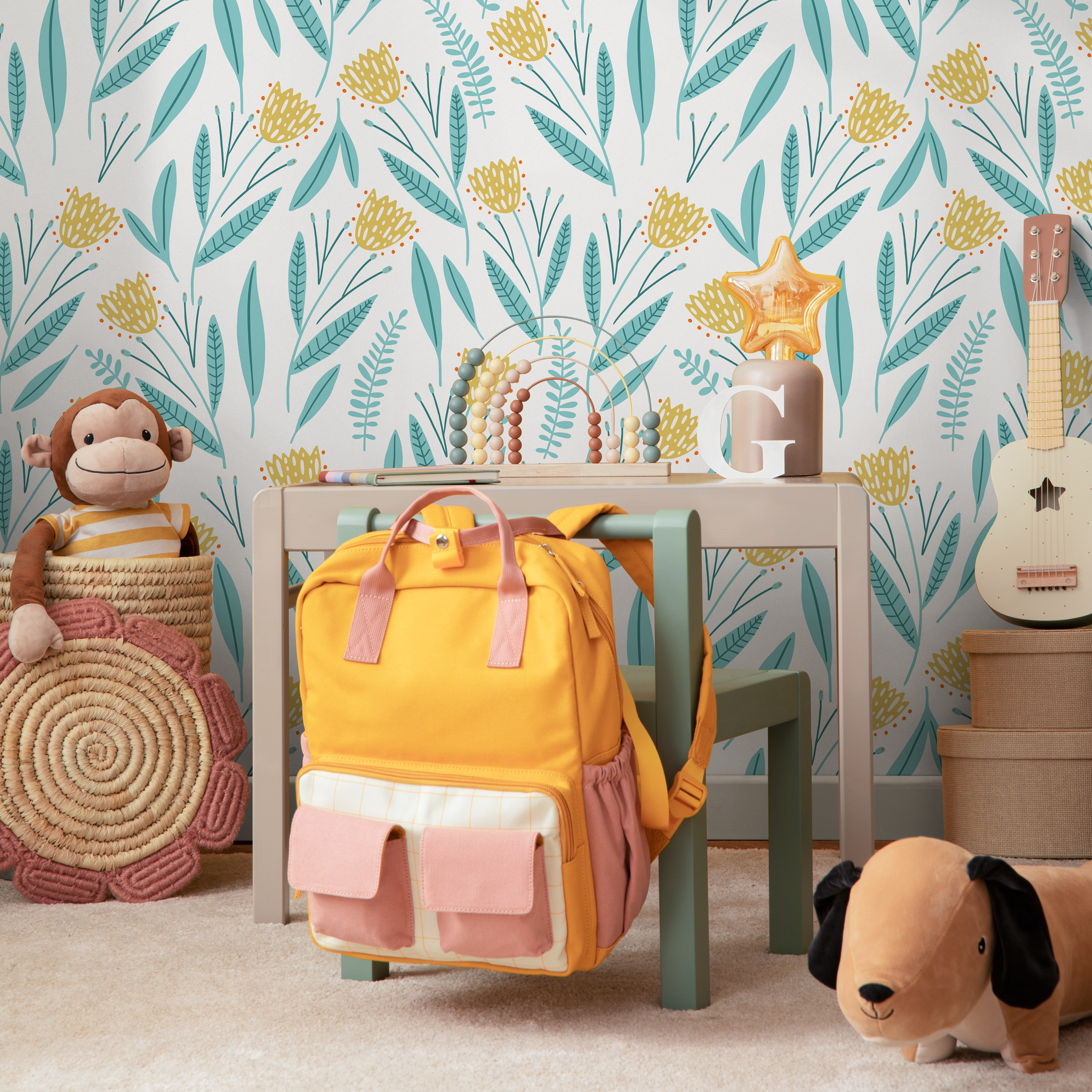 Floral Wallpaper With A Stylized Wildflower Motif In Yellow And Light Blue - D389