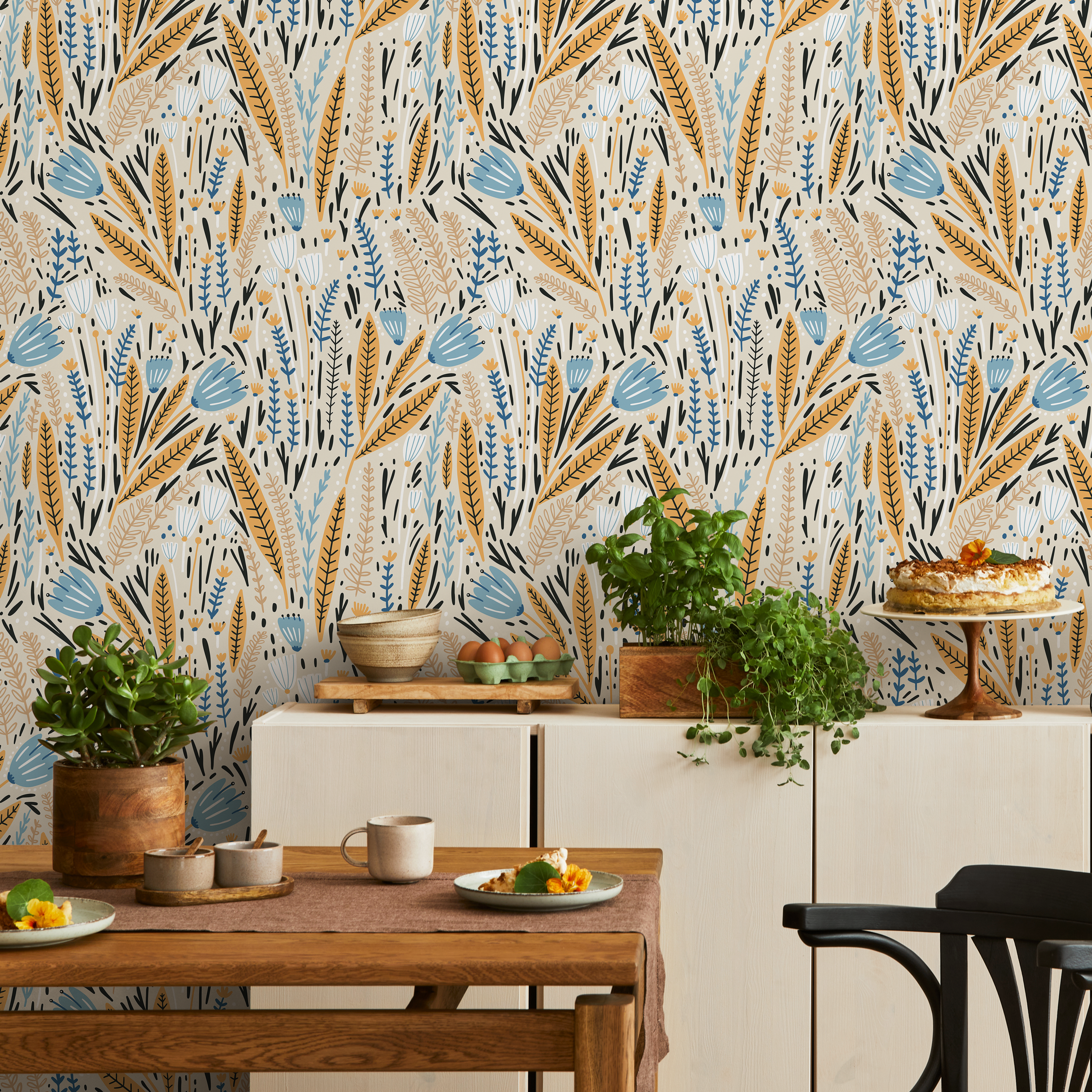 Floral Wallpaper With A Scandinavian Meadow Motif In Blue, Yellow, And Black - D397