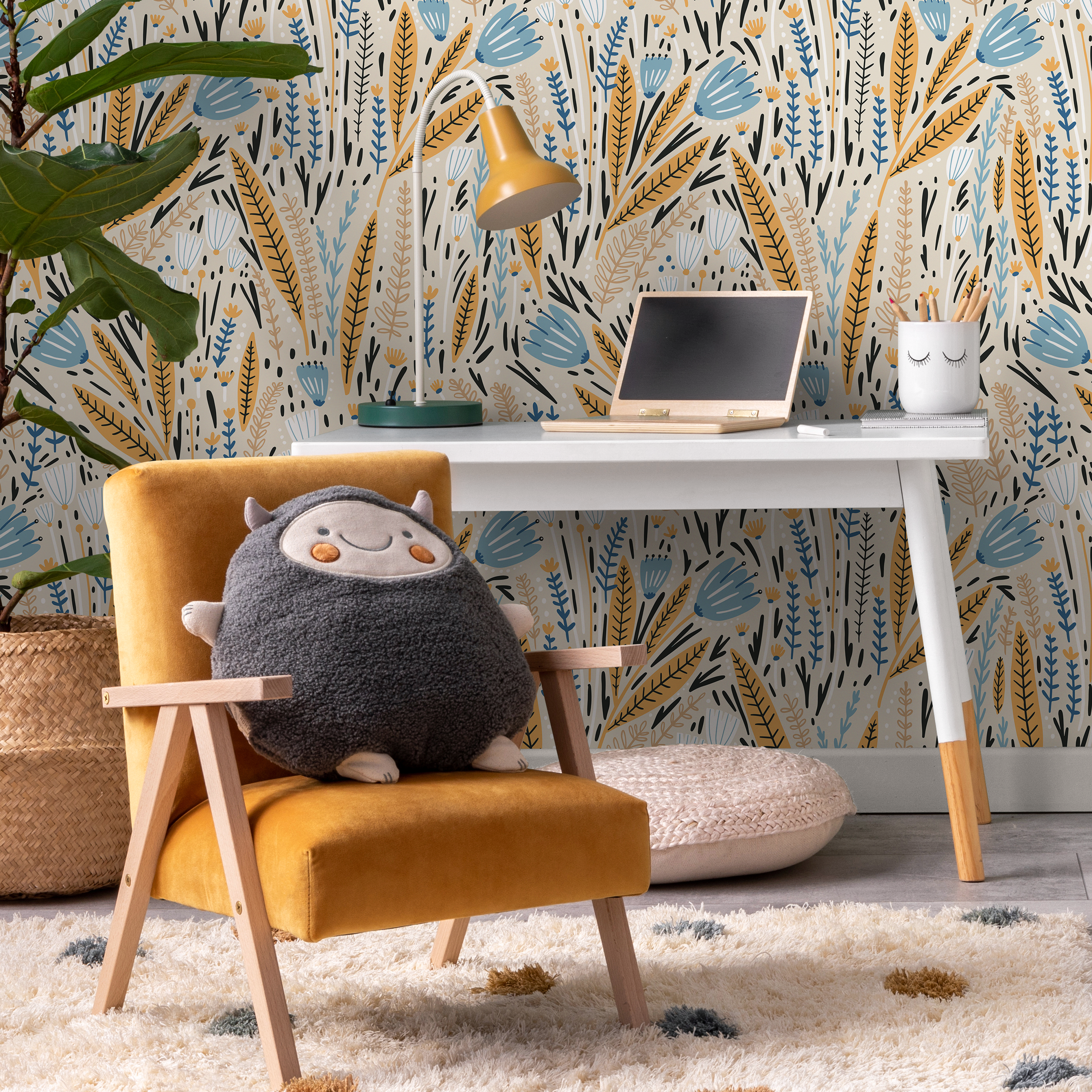 Floral Wallpaper With A Scandinavian Meadow Motif In Blue, Yellow, And Black - D397