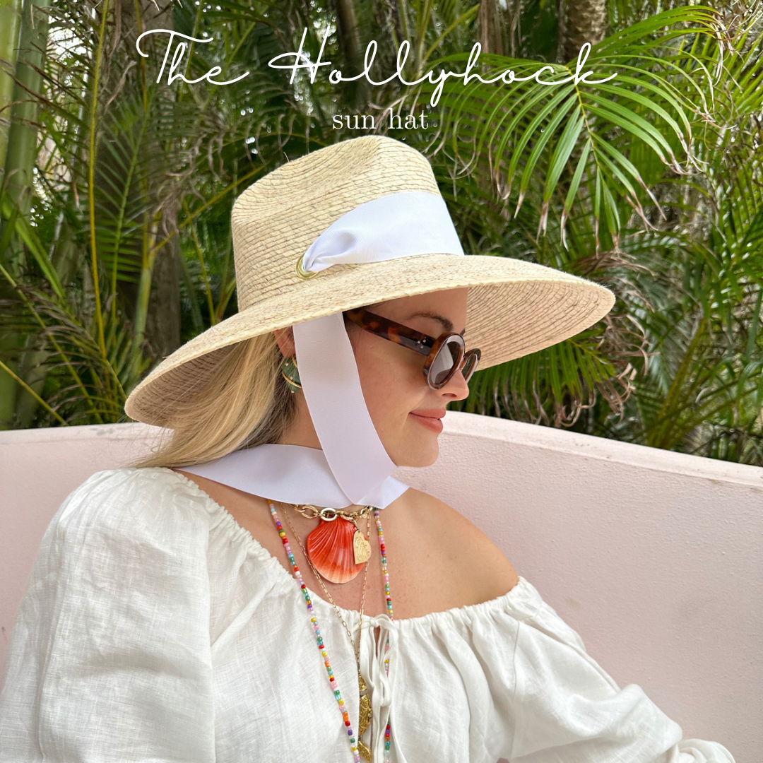 Hollyhock Sun Hat - Vintage Azure Garden Rose Long Ribbon