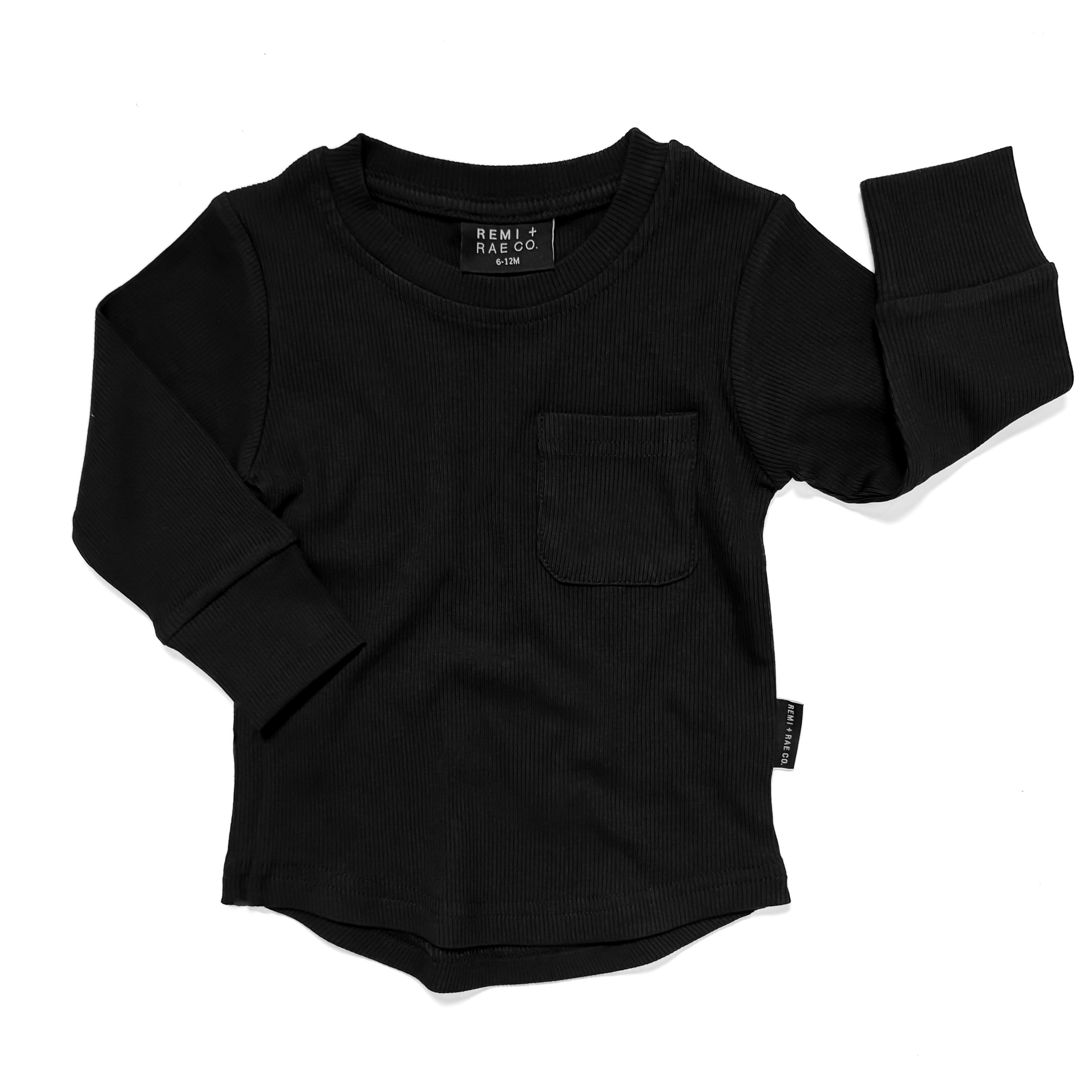 Bamboo Ribbed Long Sleeve Pocket Tee - Black