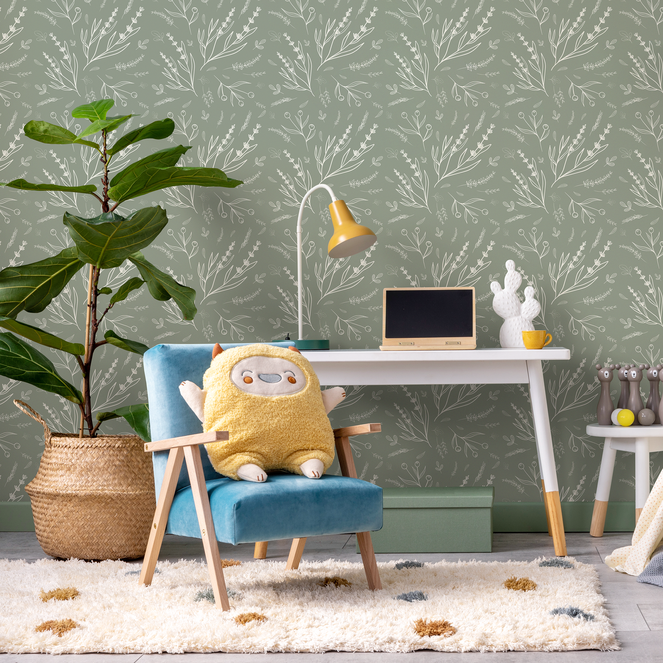Wildflower Wallpaper With Delicate Lavender Sprigs In Sage Green And Cream - D401