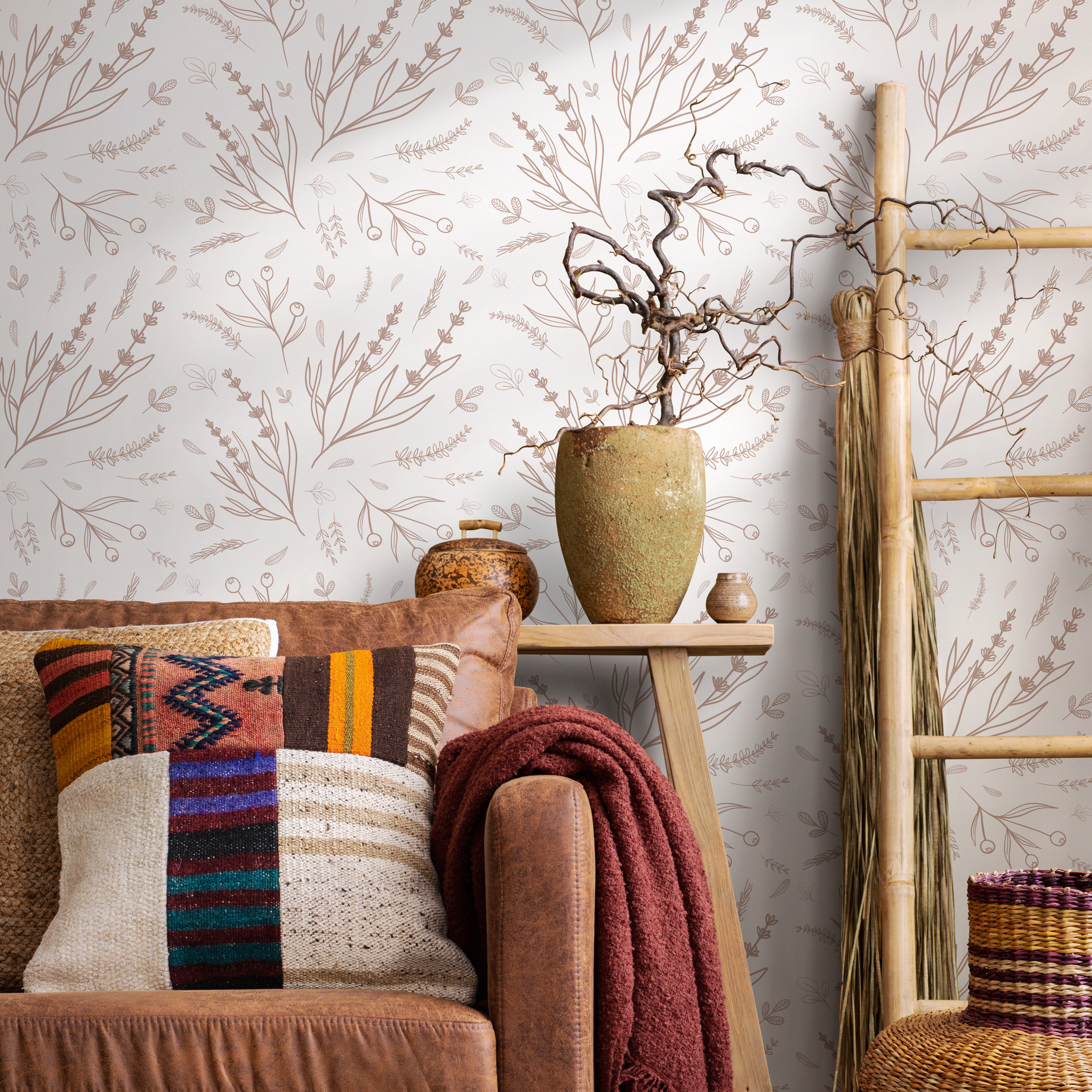 Botanical Wallpaper With Minimalist Wildflower Sketches In Taupe - D402