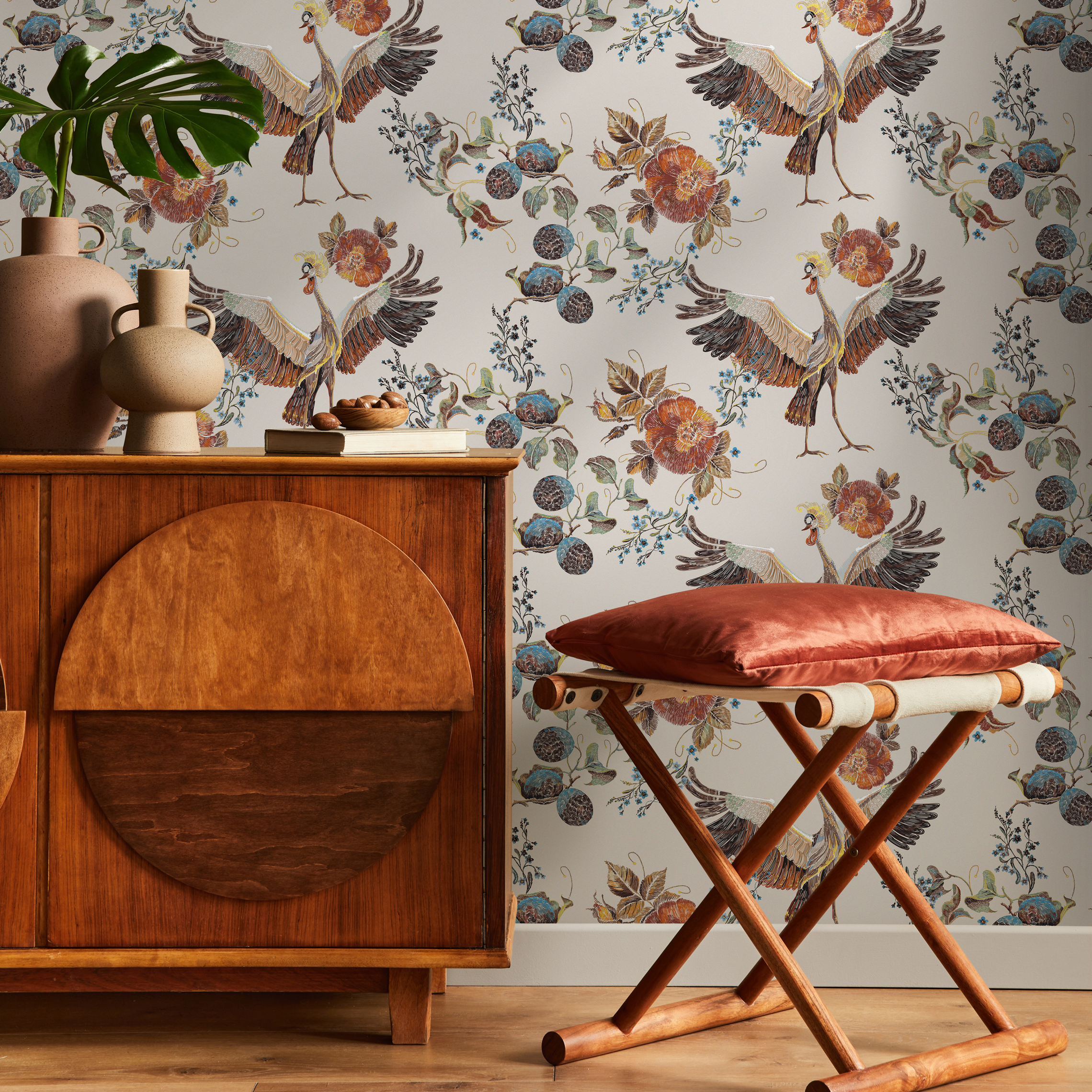 Vintage Floral And Bird Wallpaper With An Embroidered Motif In Orange And Blue - D404