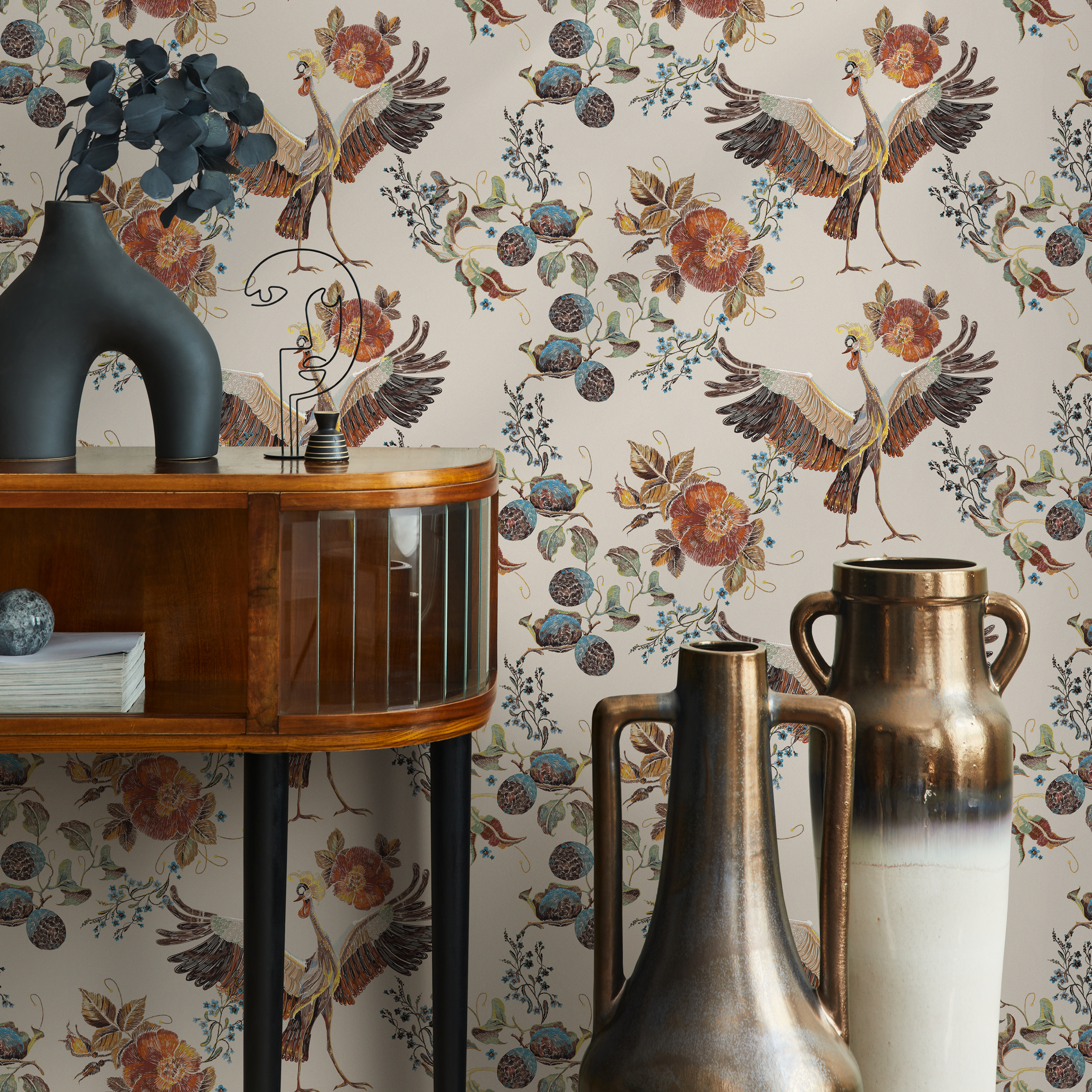 Vintage Floral And Bird Wallpaper With An Embroidered Motif In Orange And Blue - D404