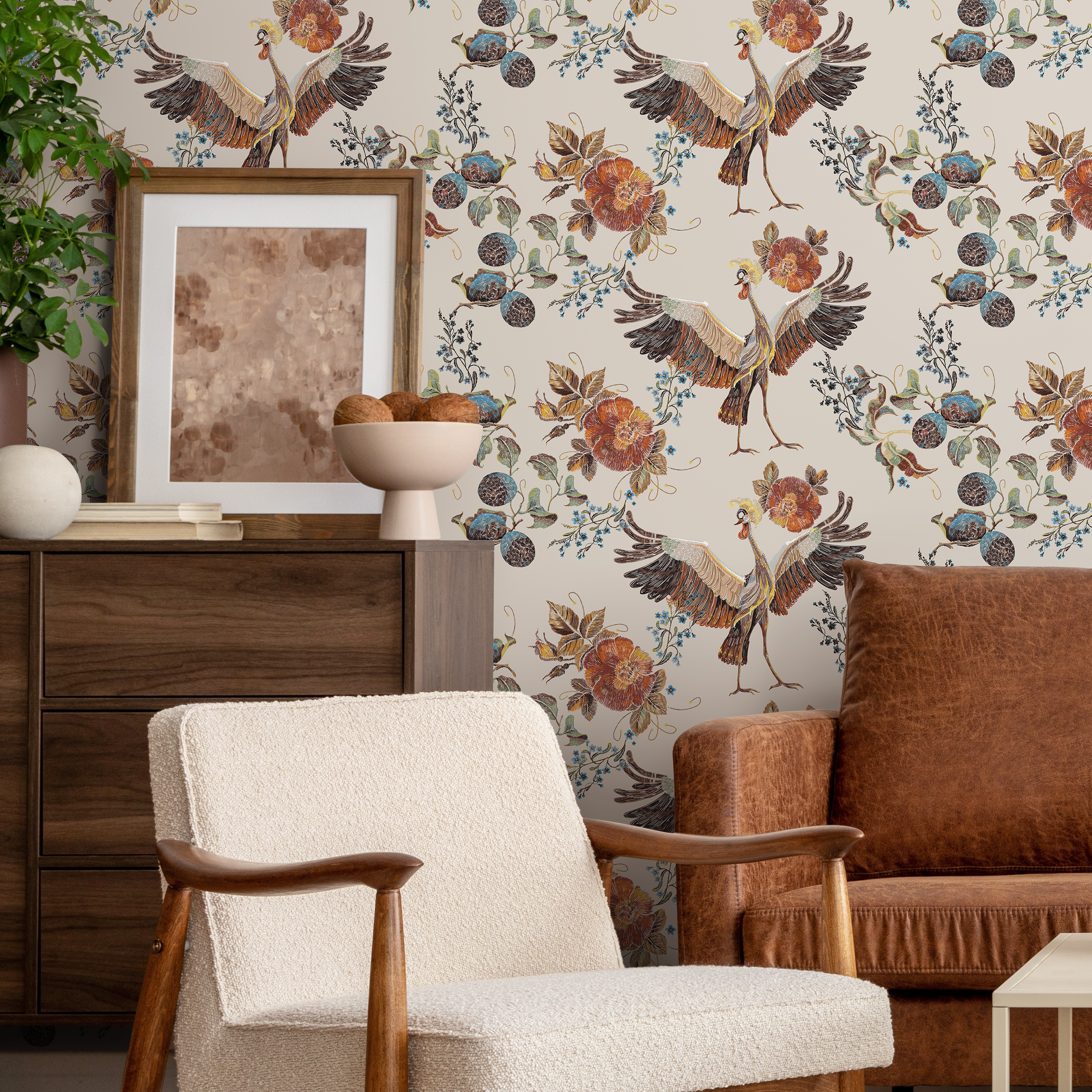 Vintage Floral And Bird Wallpaper With An Embroidered Motif In Orange And Blue - D404