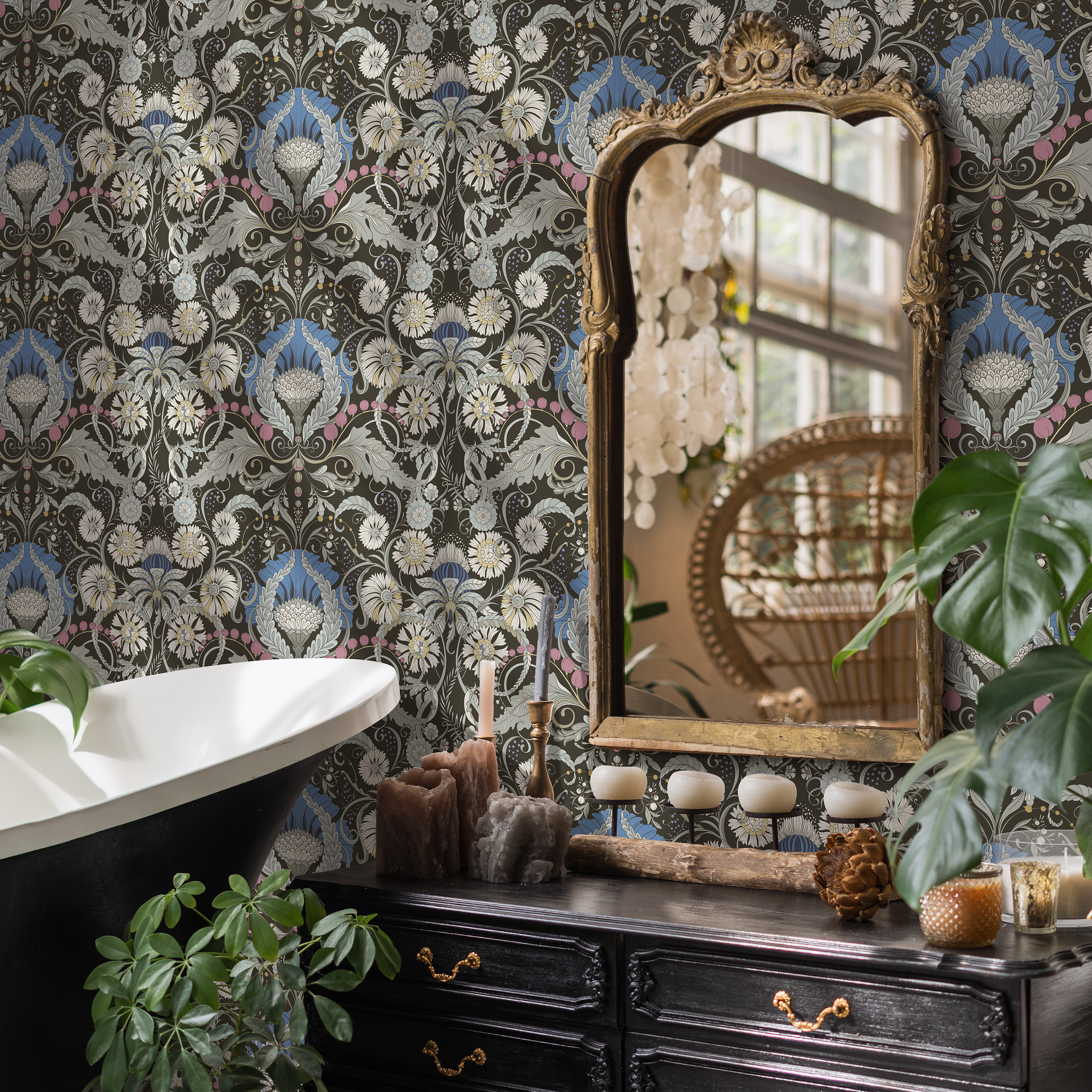 Art Nouveau Wallpaper With A Floral Damask Motif In Brown, Blue, And Pink - D407