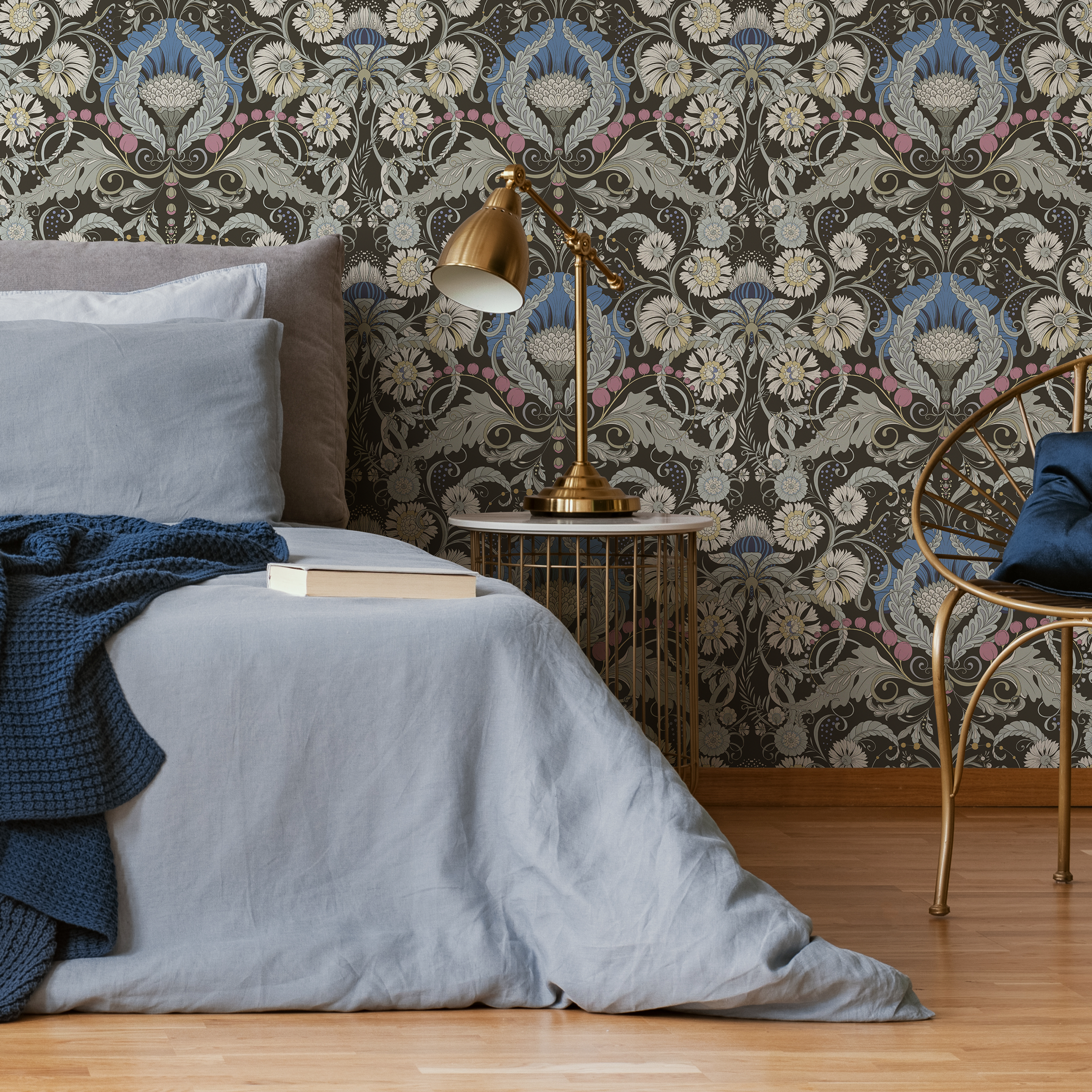 Art Nouveau Wallpaper With A Floral Damask Motif In Brown, Blue, And Pink - D407