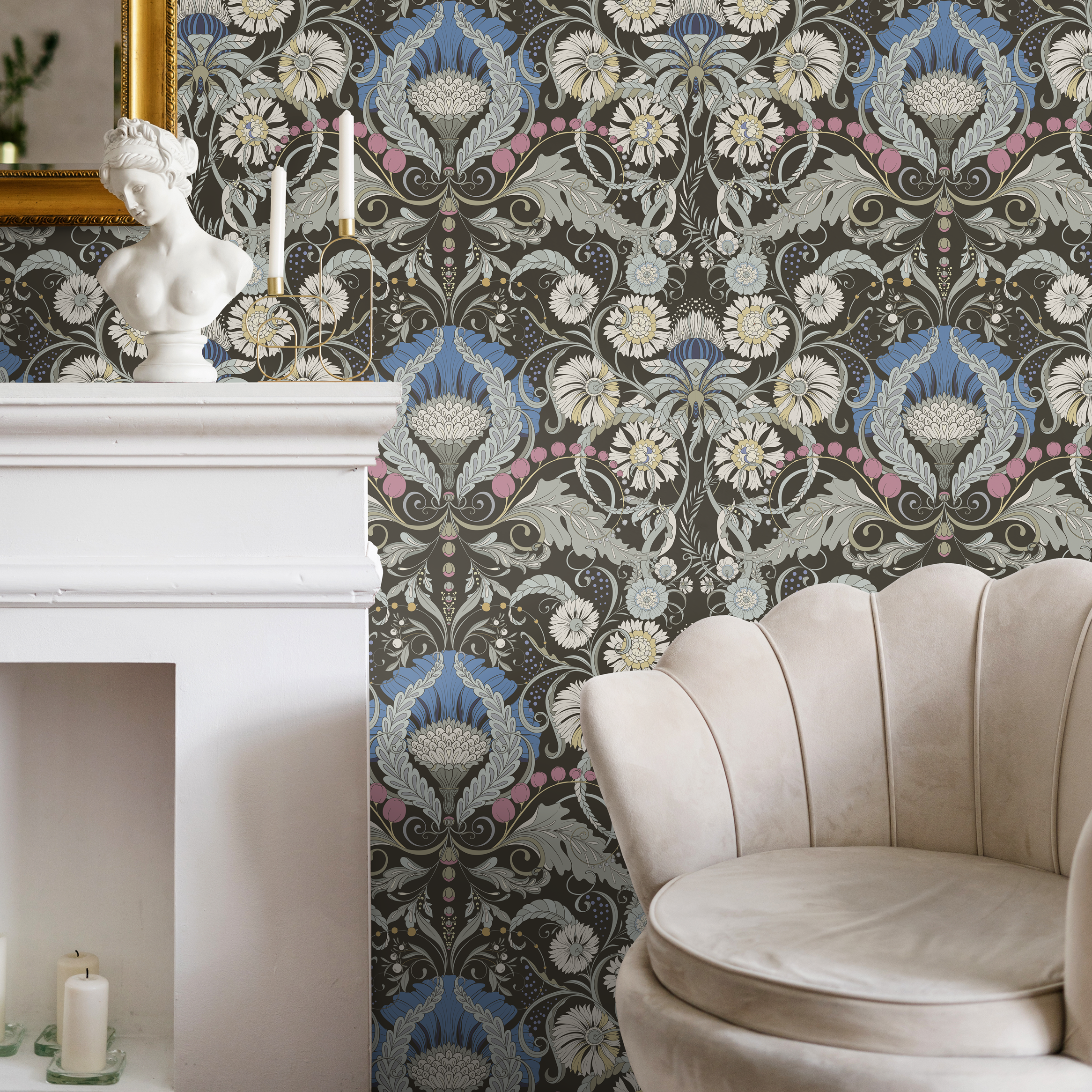 Art Nouveau Wallpaper With A Floral Damask Motif In Brown, Blue, And Pink - D407