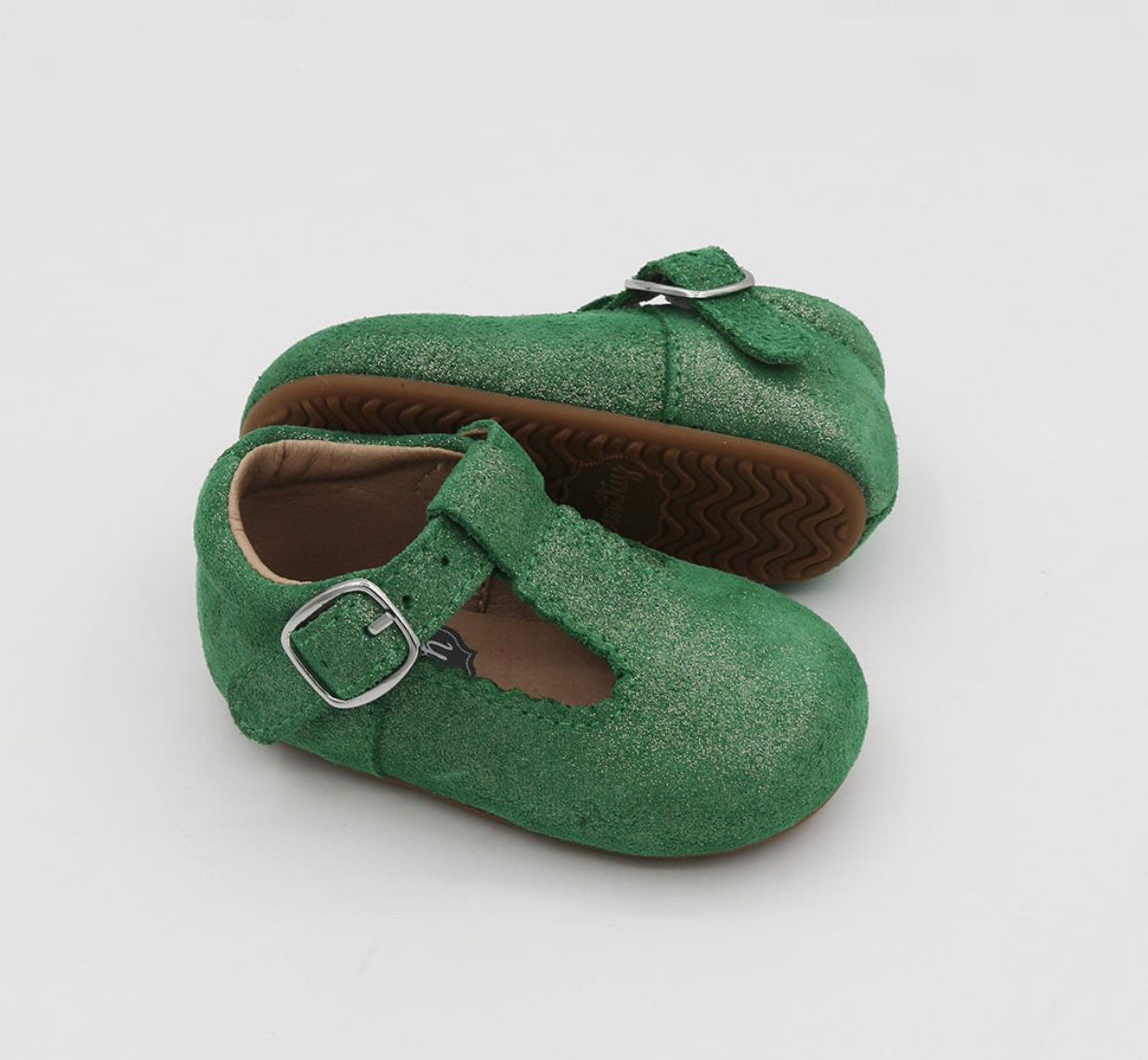 T-straps Green Shimmer Suede Leather