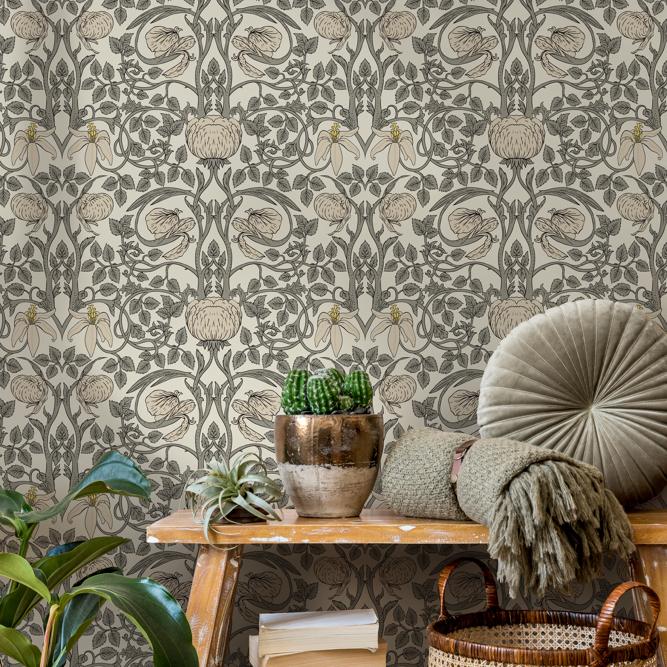 Art Nouveau Wallpaper With Floral Vines In Gray, Pink, And Yellow - D478