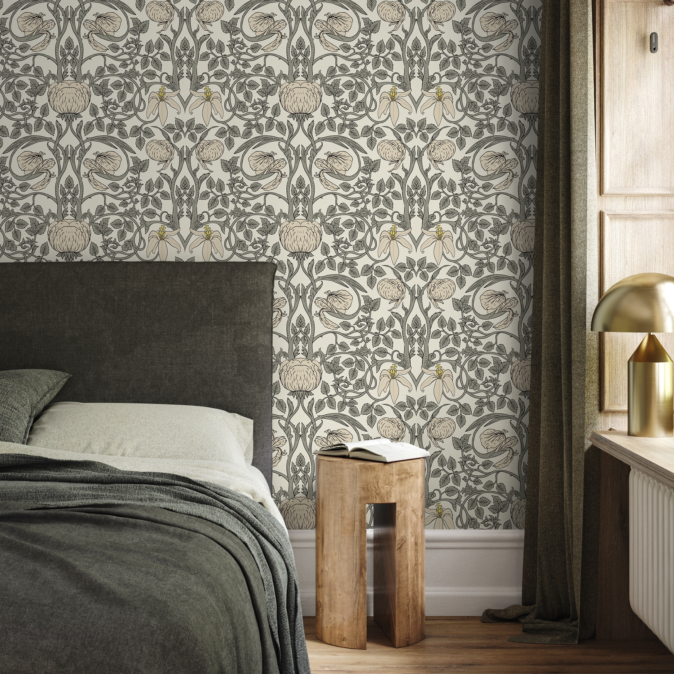 Art Nouveau Wallpaper With Floral Vines In Gray, Pink, And Yellow - D478