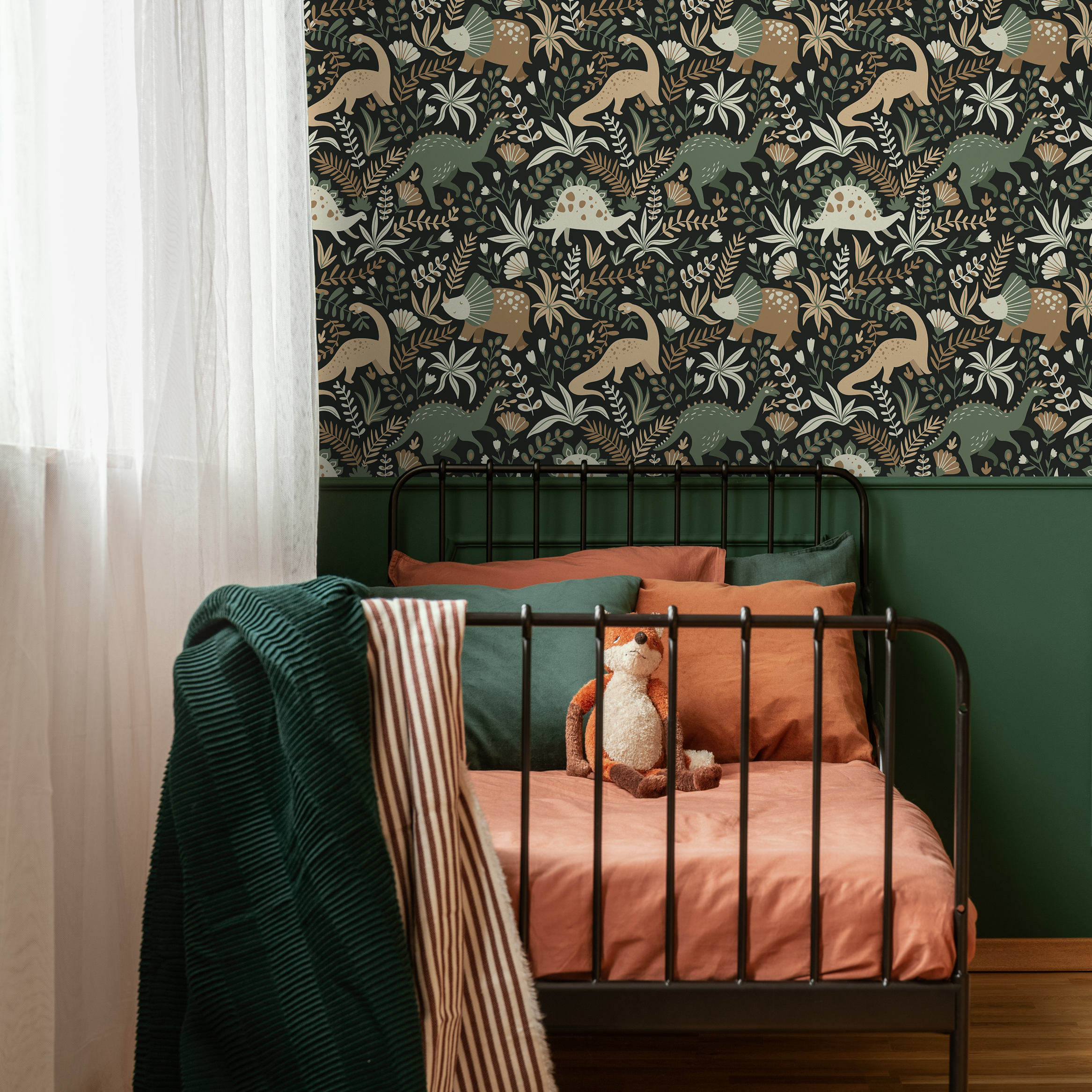 Dinosaur Wallpaper With Botanical Elements In Green, Brown, And Cream - D481