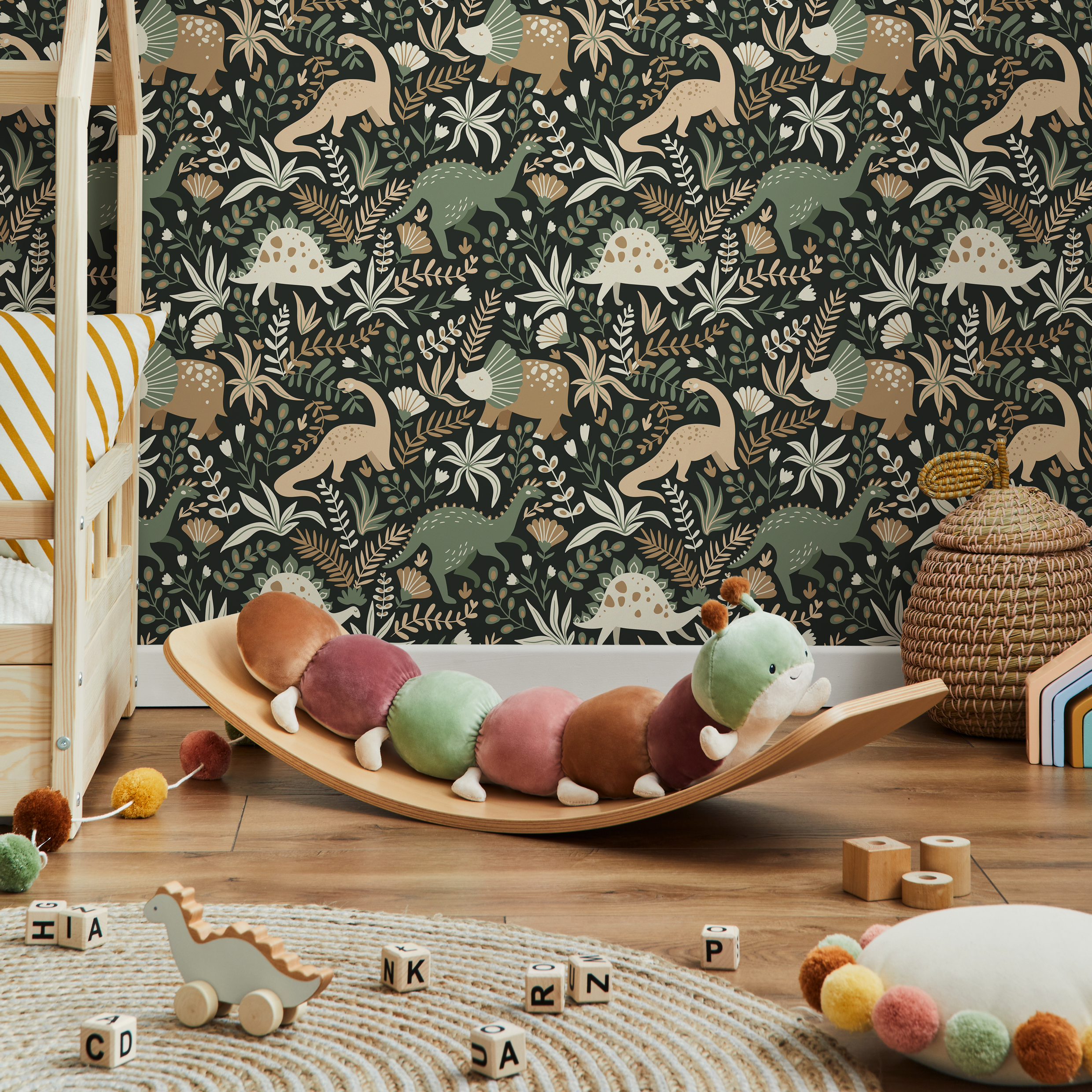 Dinosaur Wallpaper With Botanical Elements In Green, Brown, And Cream - D481