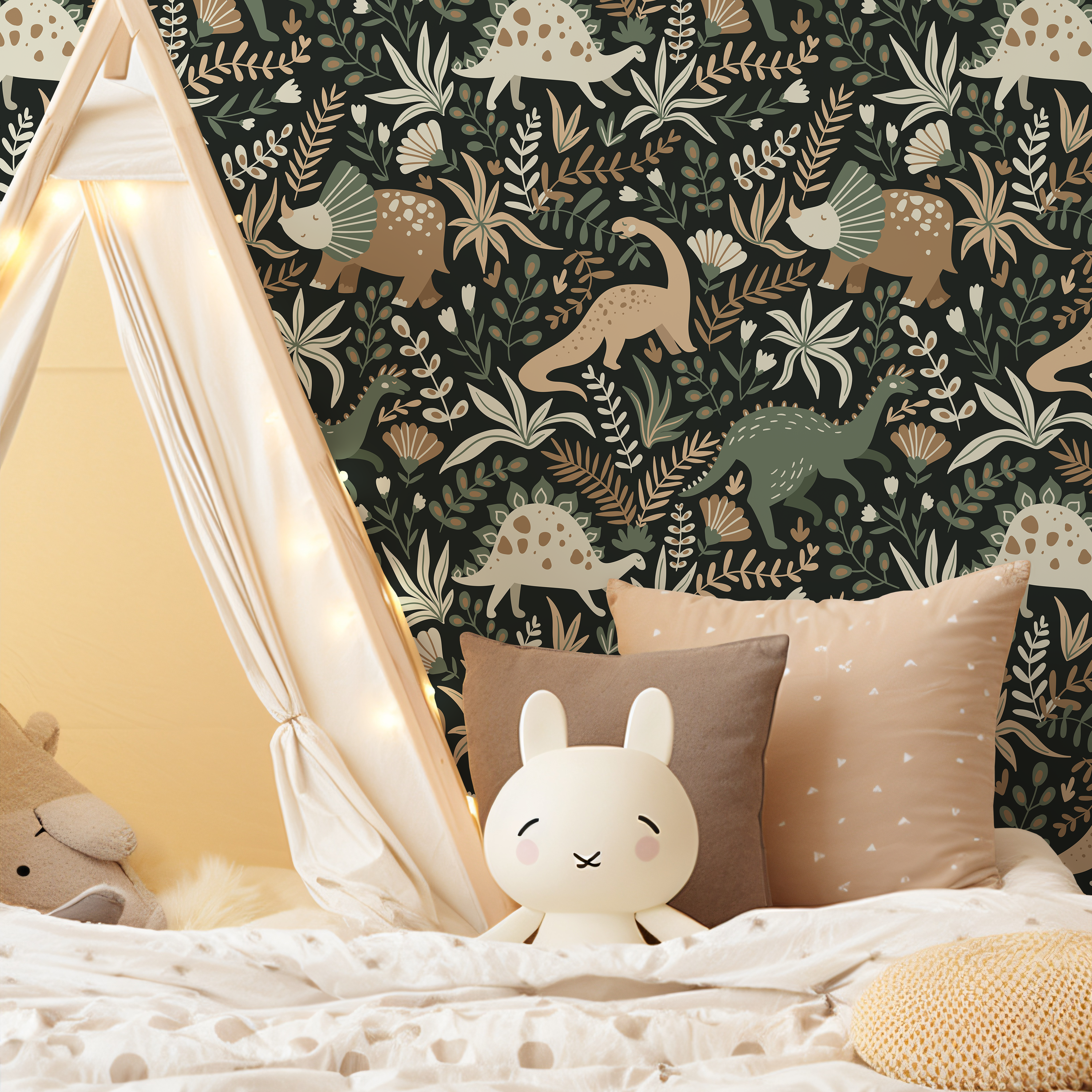 Dinosaur Wallpaper With Botanical Elements In Green, Brown, And Cream - D481
