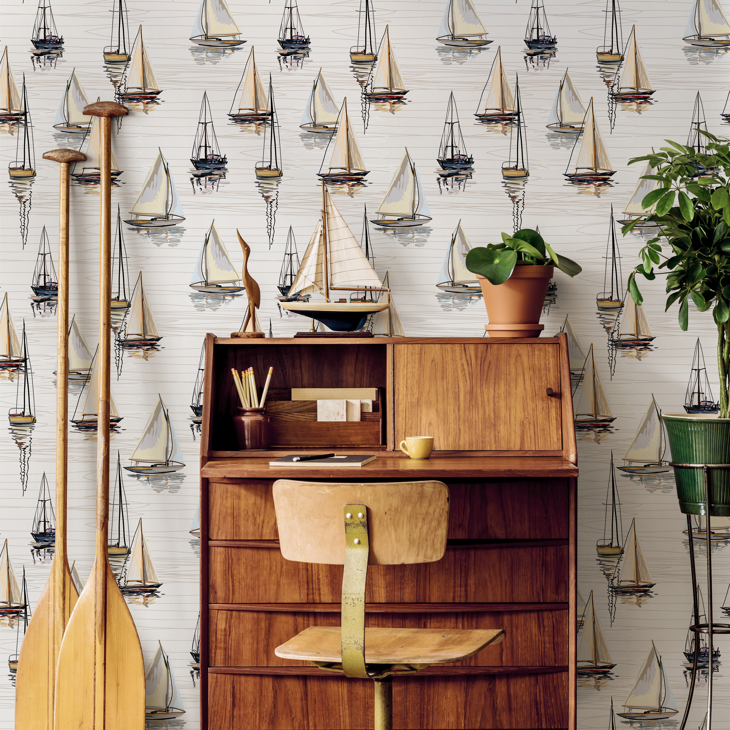 Nautical Wallpaper With A Hand-drawn Sailboat Motif In Tan, Black, And Blue - D484