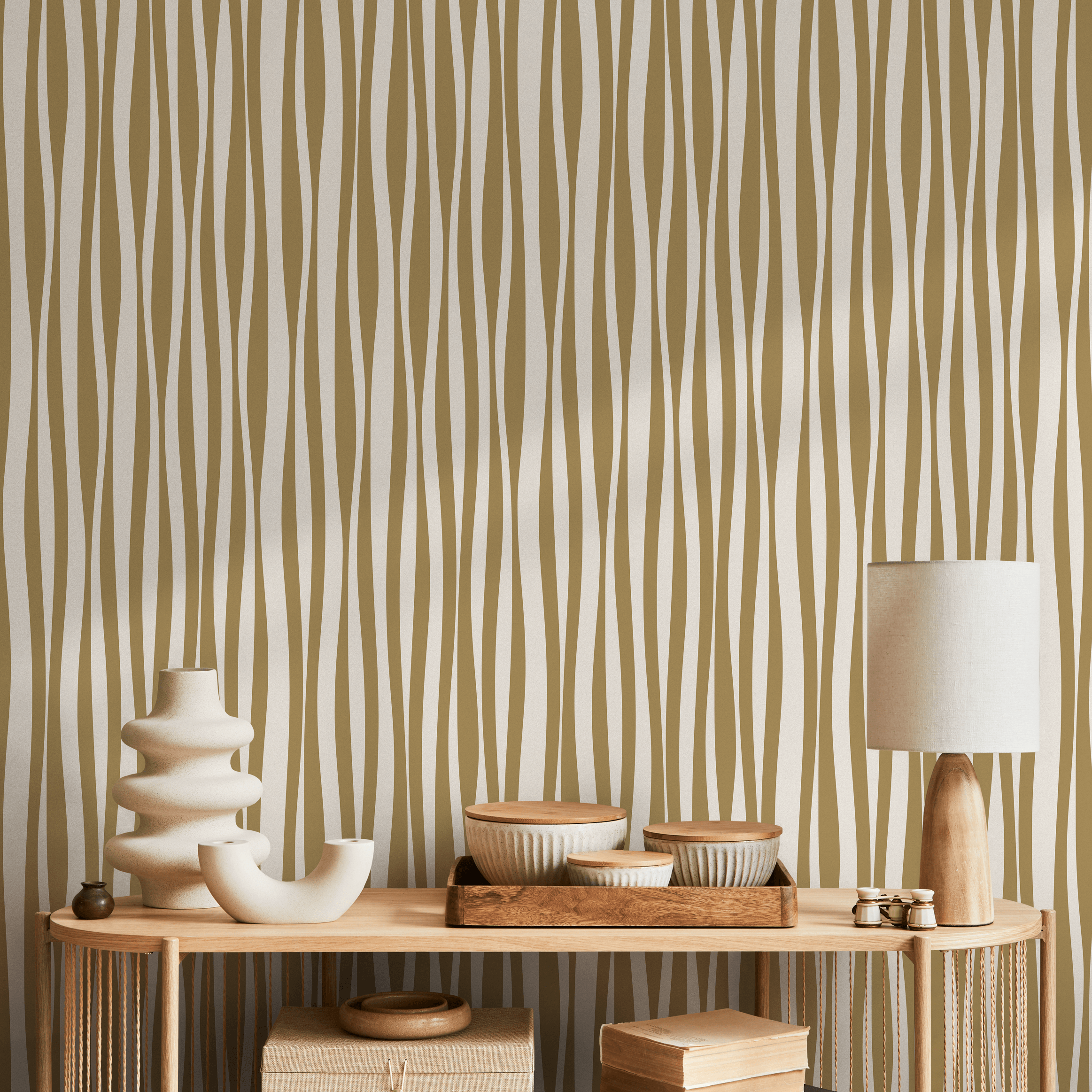 Abstract Wallpaper With Wavy Vertical Stripes In Mustard And Cream - D486