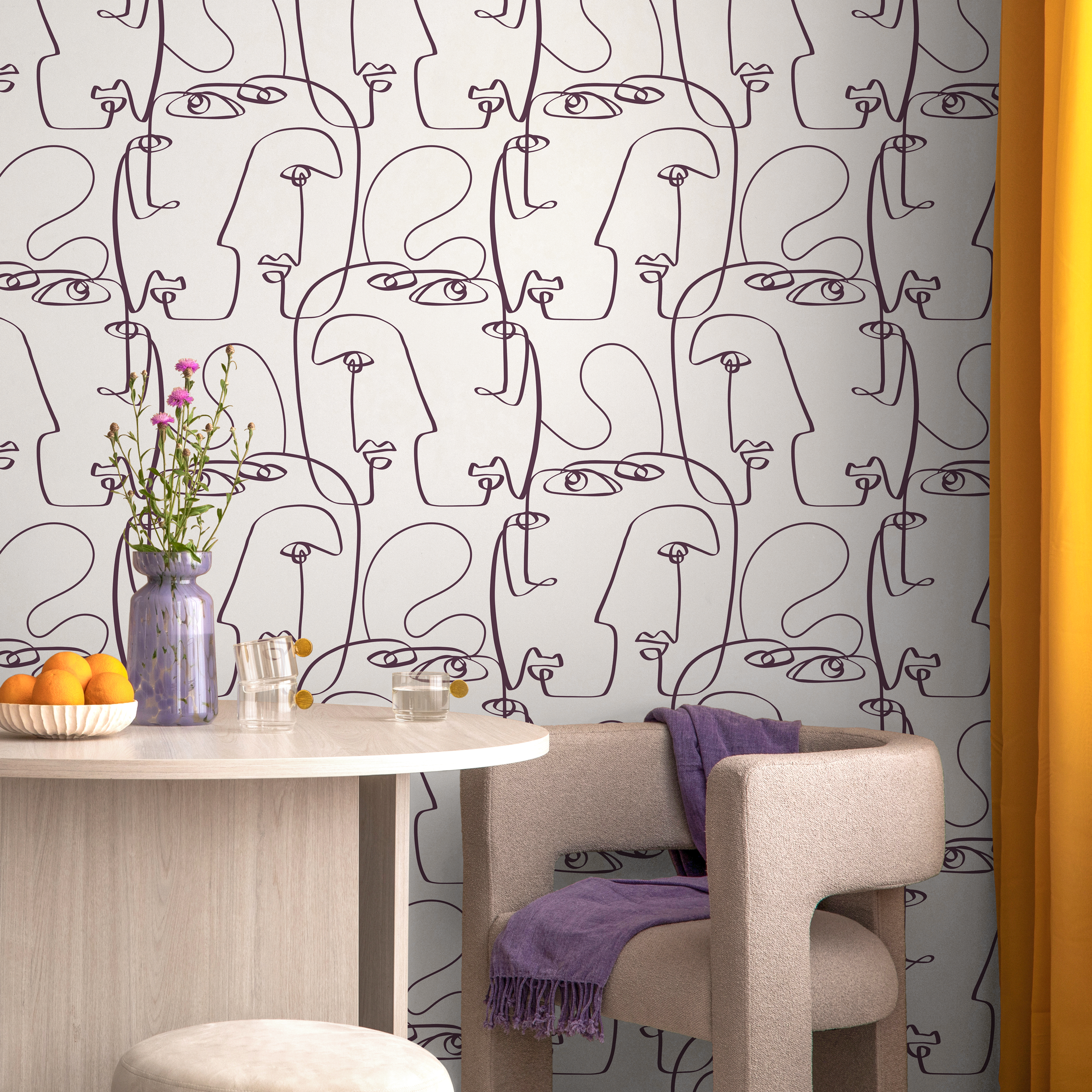 Line Art Wallpaper With A Continuous Face Motif In Dark Purple - D492