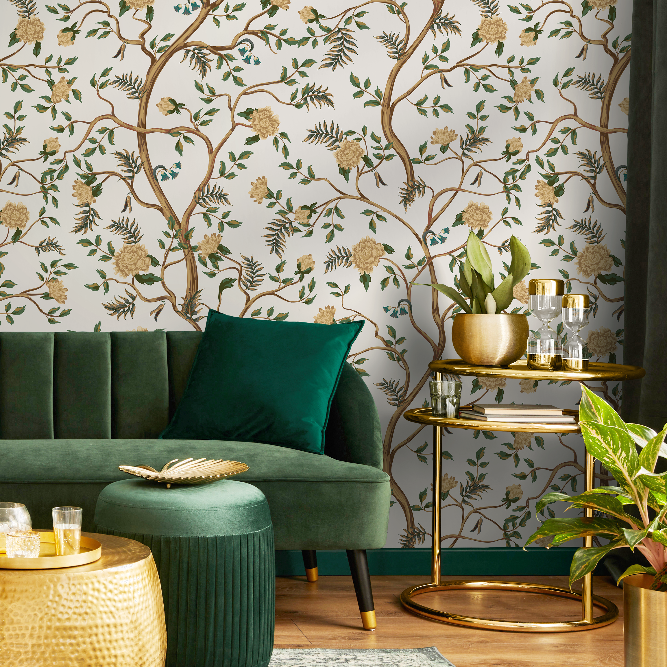 Chinoiserie Wallpaper With Winding Floral Branches In Gold, Green, And Blue - D503