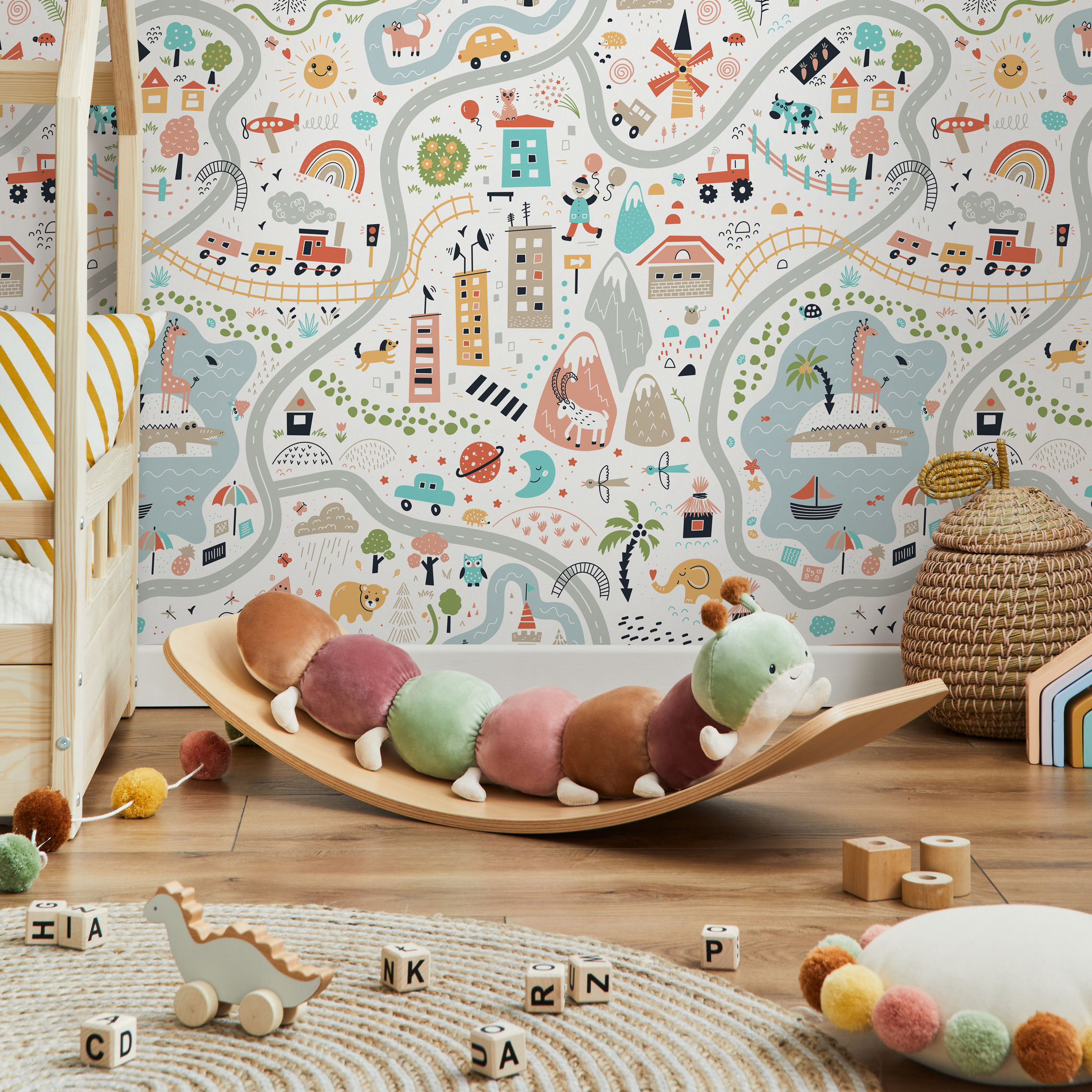 Kids Map Wallpaper With A Town, Roads, And Animals In Blue, Red, And Yellow - D504