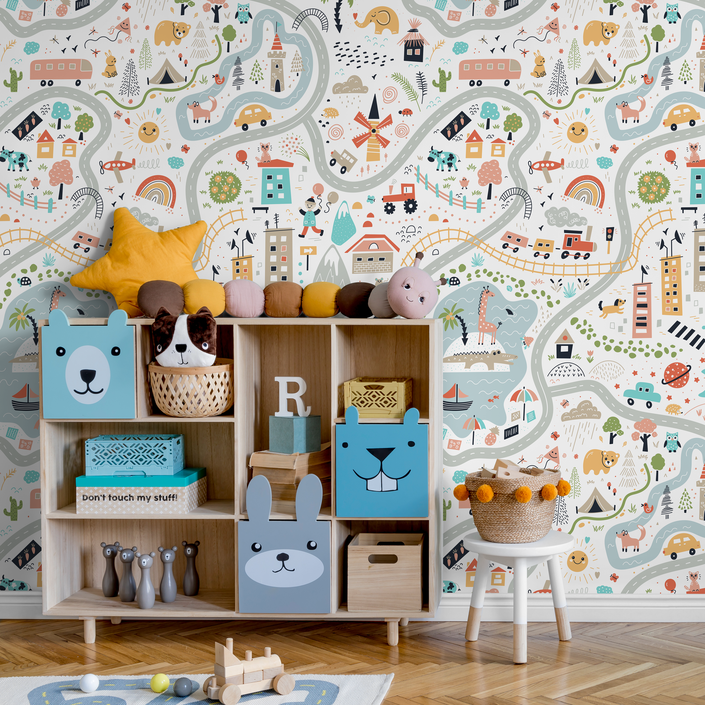 Kids Map Wallpaper With A Town, Roads, And Animals In Blue, Red, And Yellow - D504