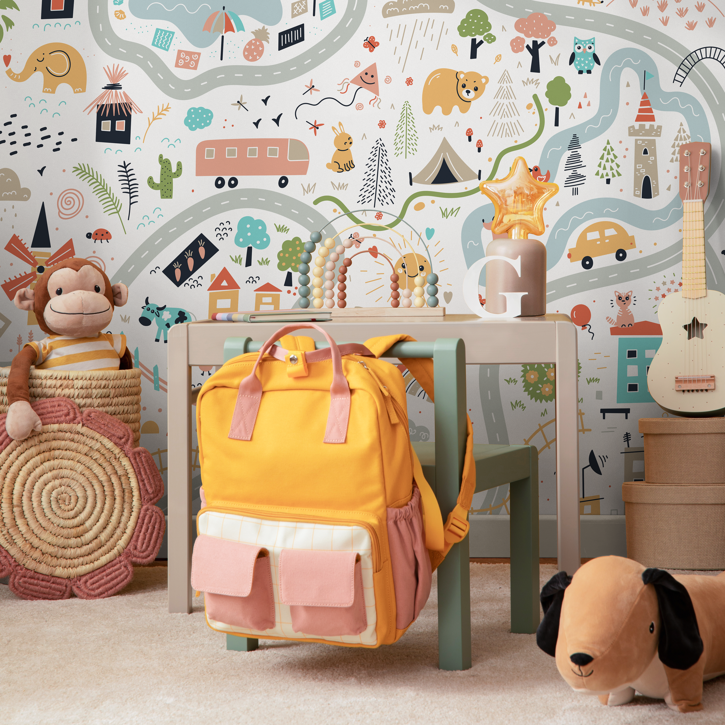 Kids Map Wallpaper With A Town, Roads, And Animals In Blue, Red, And Yellow - D504