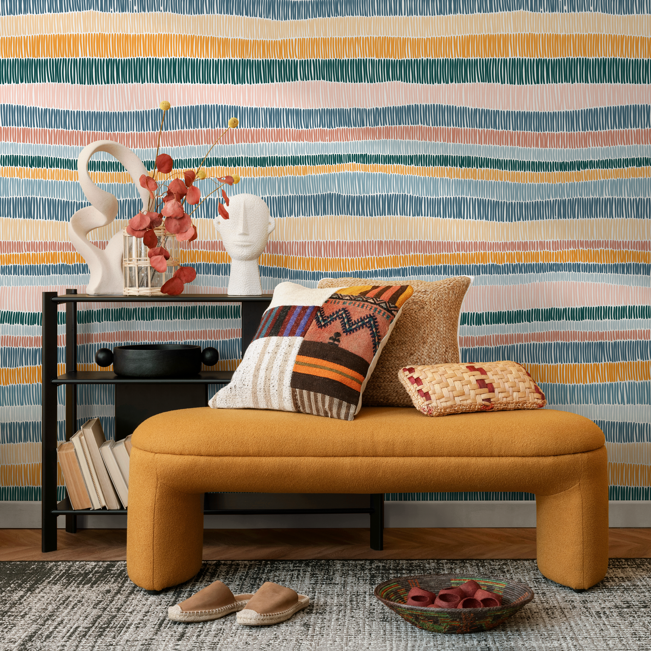 Abstract Wallpaper With Hand-drawn Stripes In Blue, Green, And Orange - D509