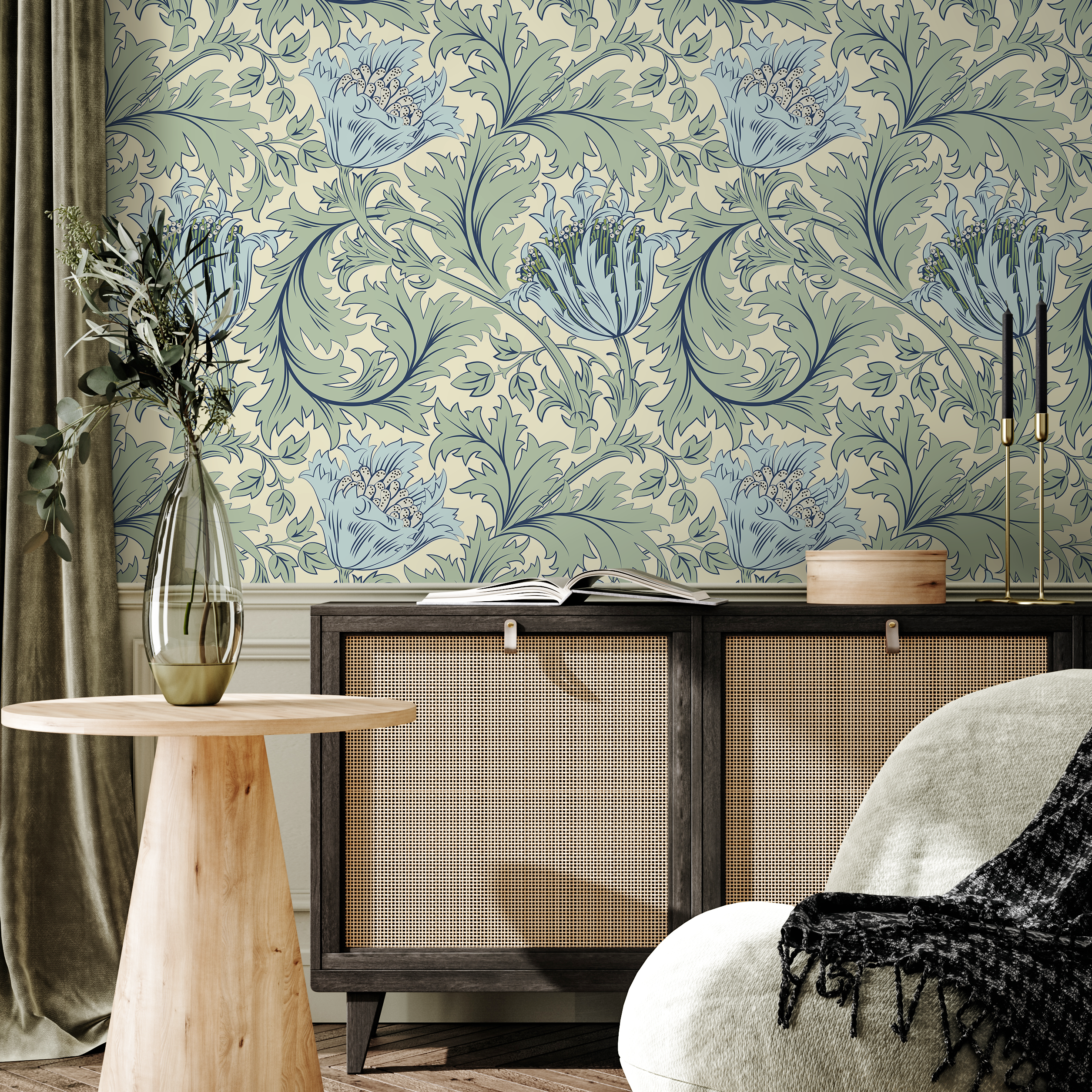 William Morris Wallpaper With Stylized Florals In Green And Blue - D515