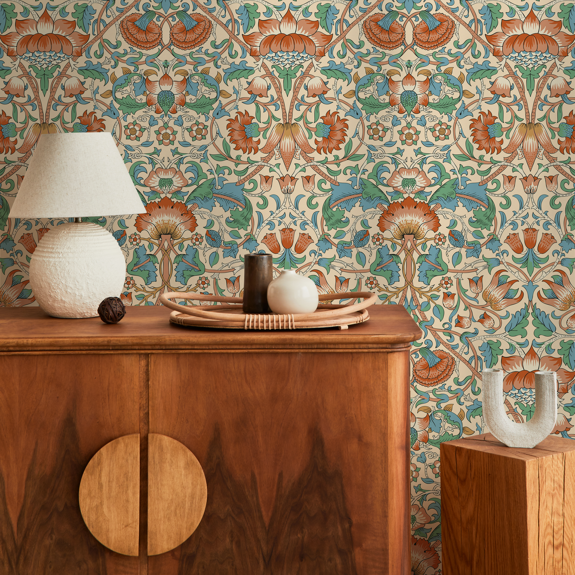Arts And Crafts Wallpaper With Stylized Florals In Red, Green, And Blue - D521