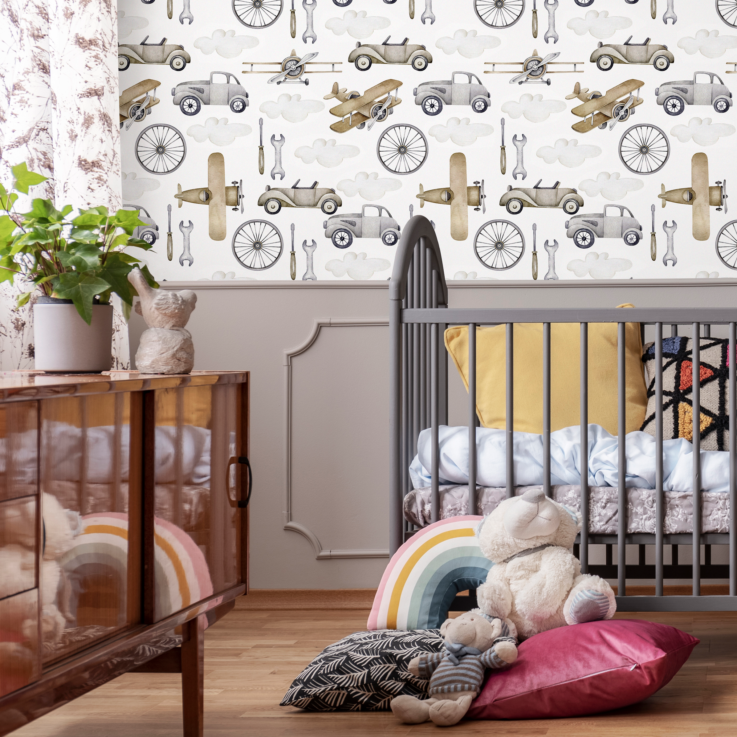 Transportation Wallpaper With Vintage Cars And Planes In Gray And Brown - D528